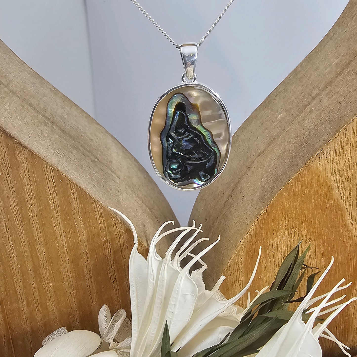 Handmade Paua Shell Pendant: Sterling Silver Necklace (34.2mm) Jones Stones
