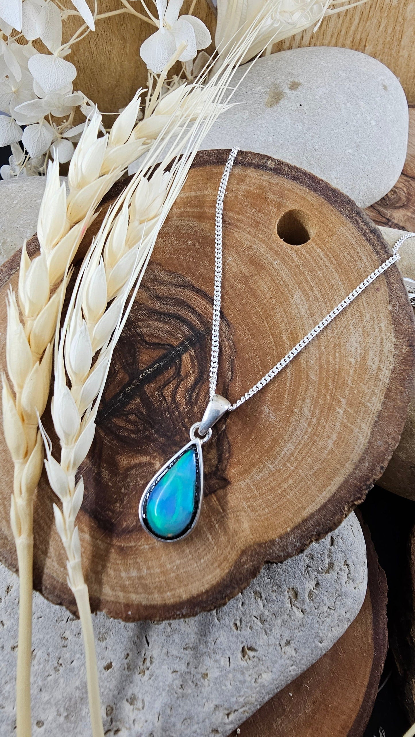 Teardrop Welo Opal Pendant: Sterling Silver Ethiopian Crystal Jones Stones
