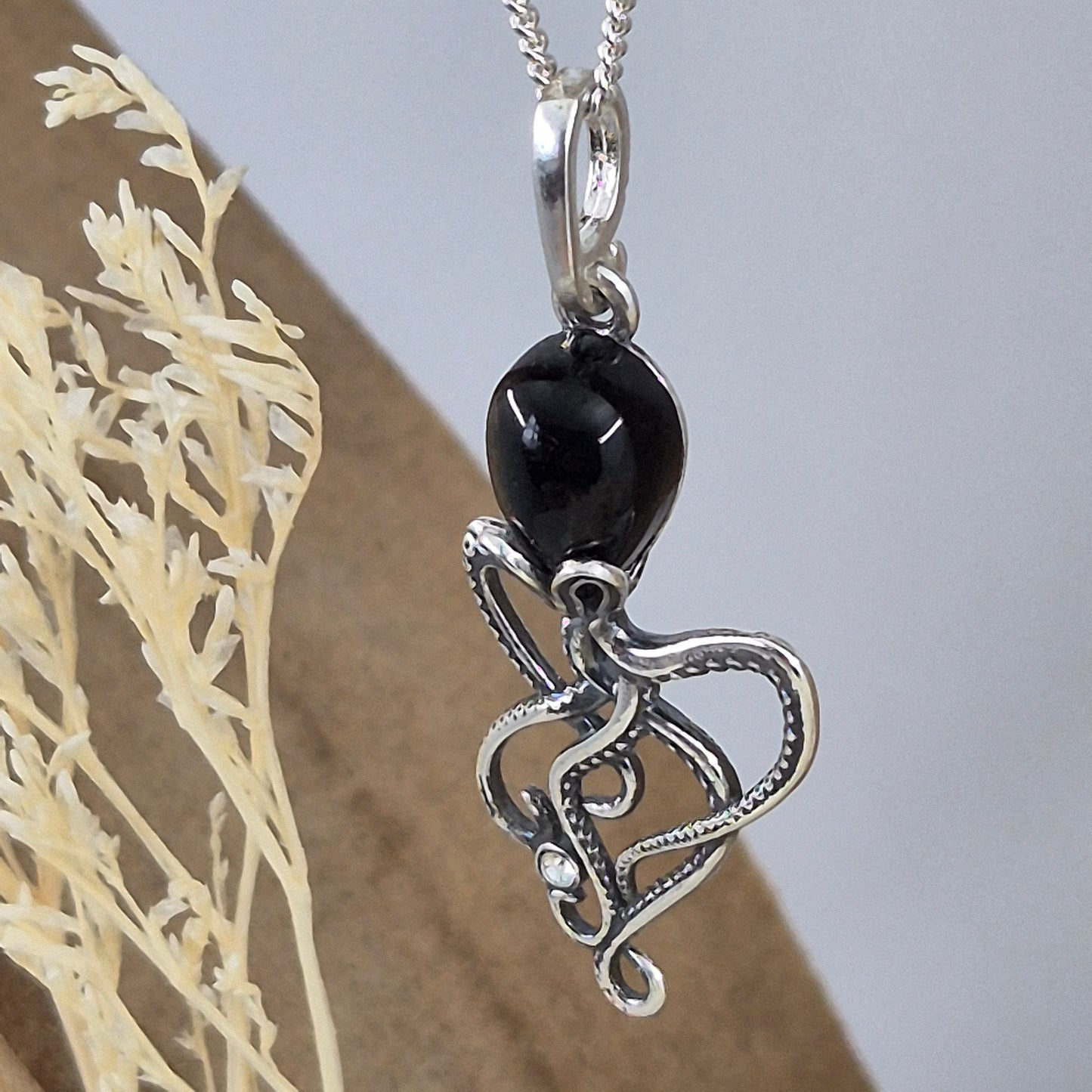 Whitby Jet Octopus Pendant - Sterling Silver Charm Necklace Jones Stones