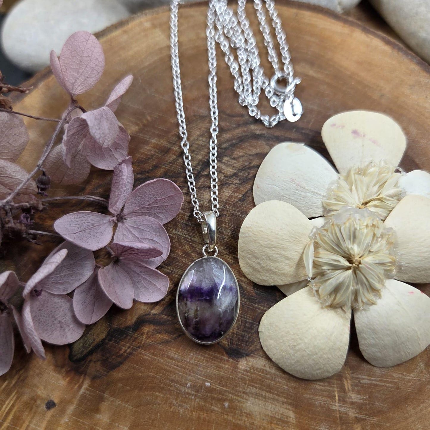 Blue John Pendant: Oval Sterling Silver Necklace, Derbyshire Spar Jones Stones