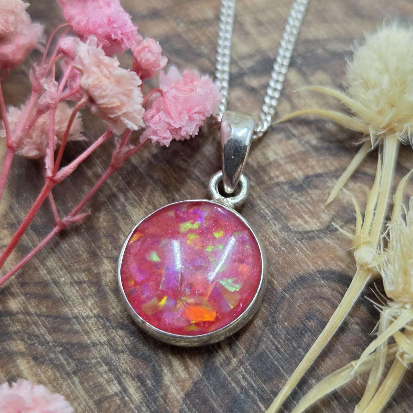 Crushed Welo Opal Pendant: Sterling Silver & Resin Round Necklace Jones Stones