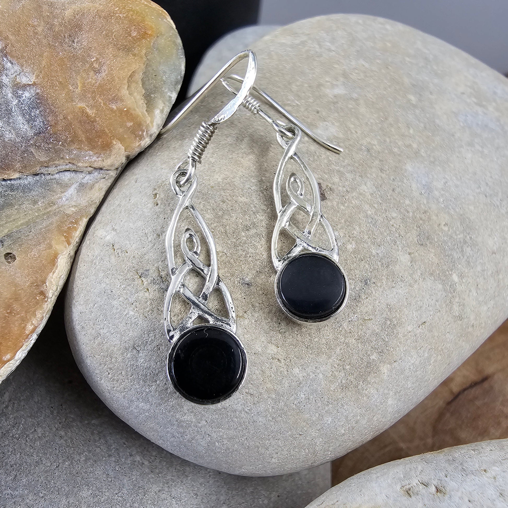 Handmade Whitby Jet Celtic Knot Drop Earrings | Sterling Silver Jones Stones