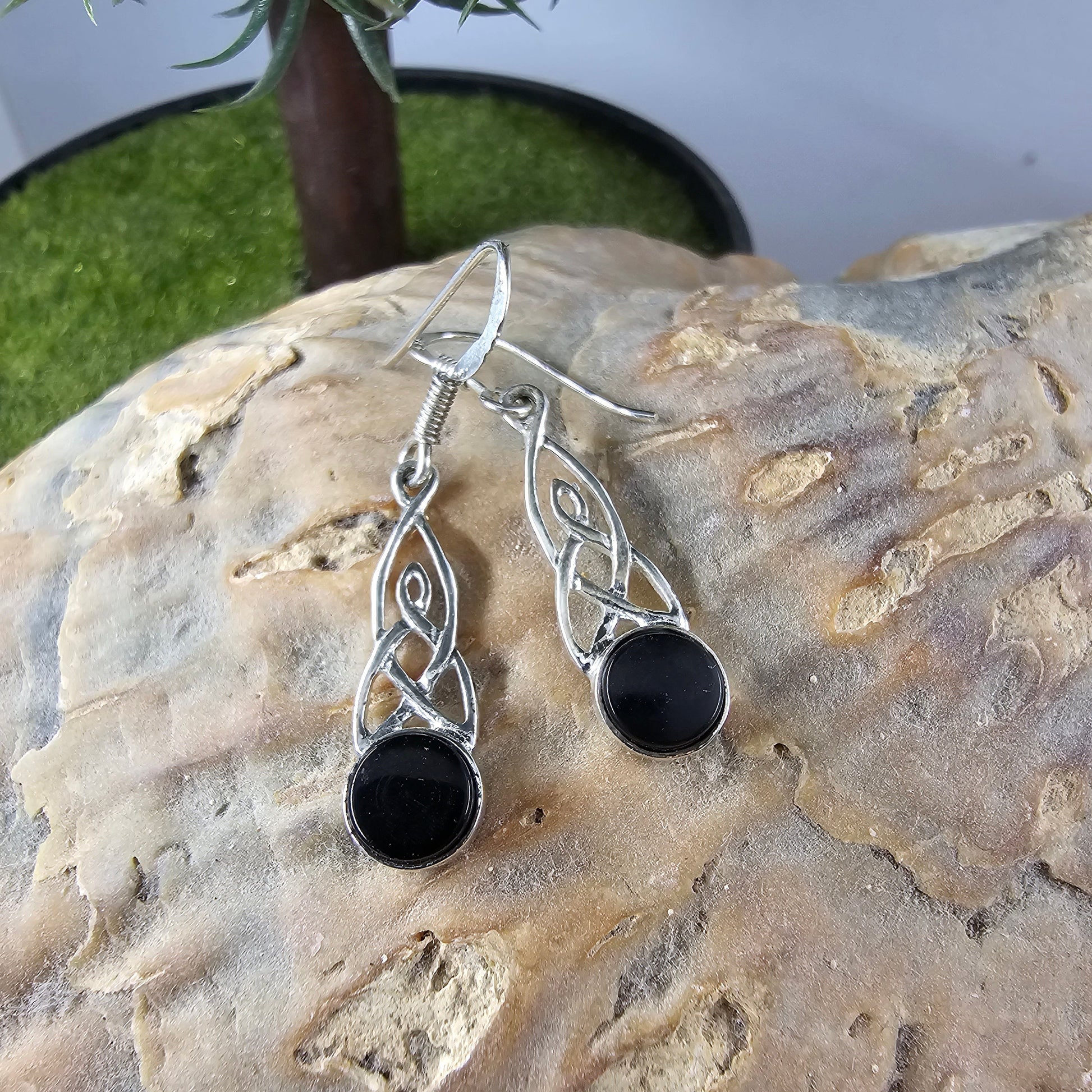 Handmade Whitby Jet Celtic Knot Drop Earrings | Sterling Silver Jones Stones