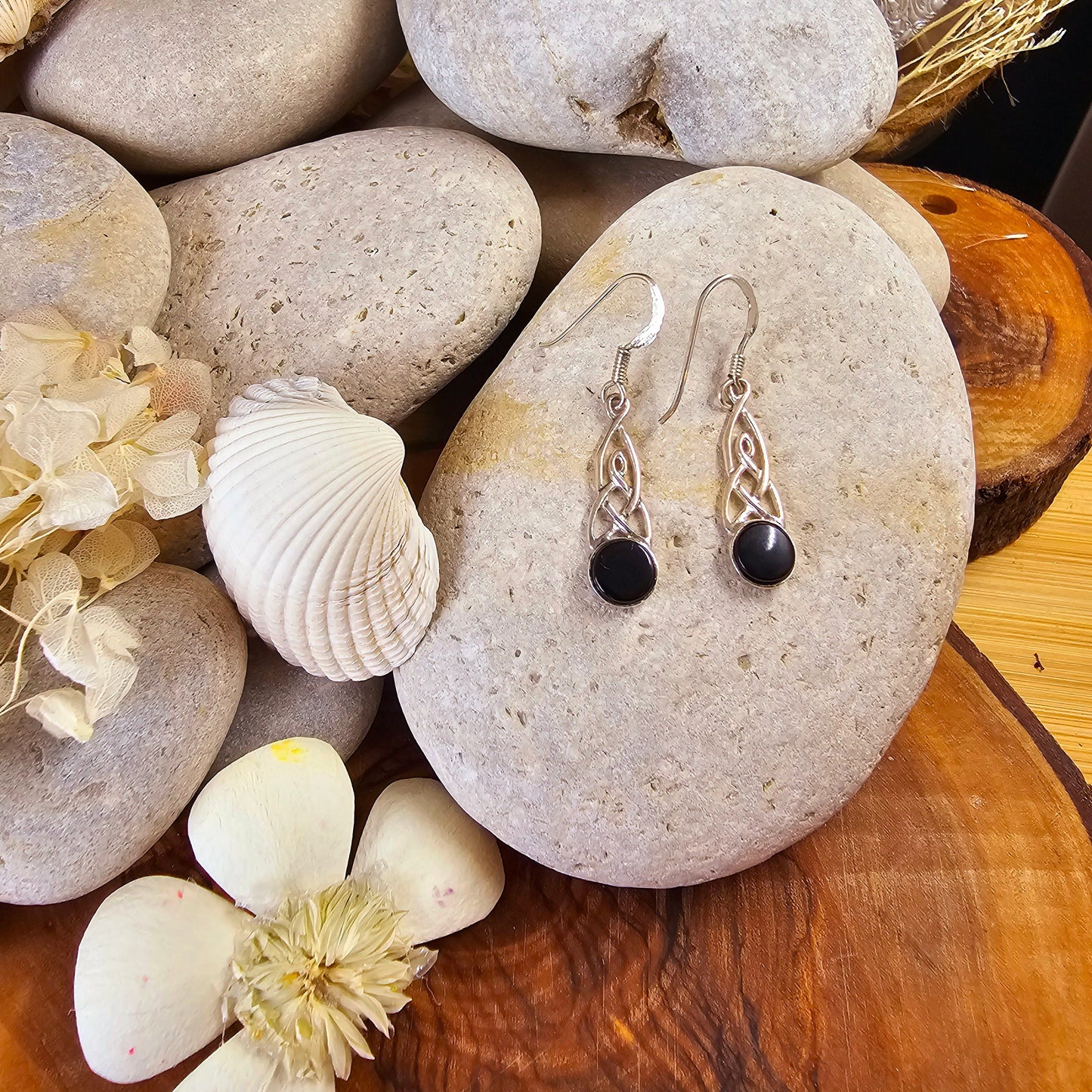 Handmade Whitby Jet Celtic Knot Drop Earrings | Sterling Silver Jones Stones