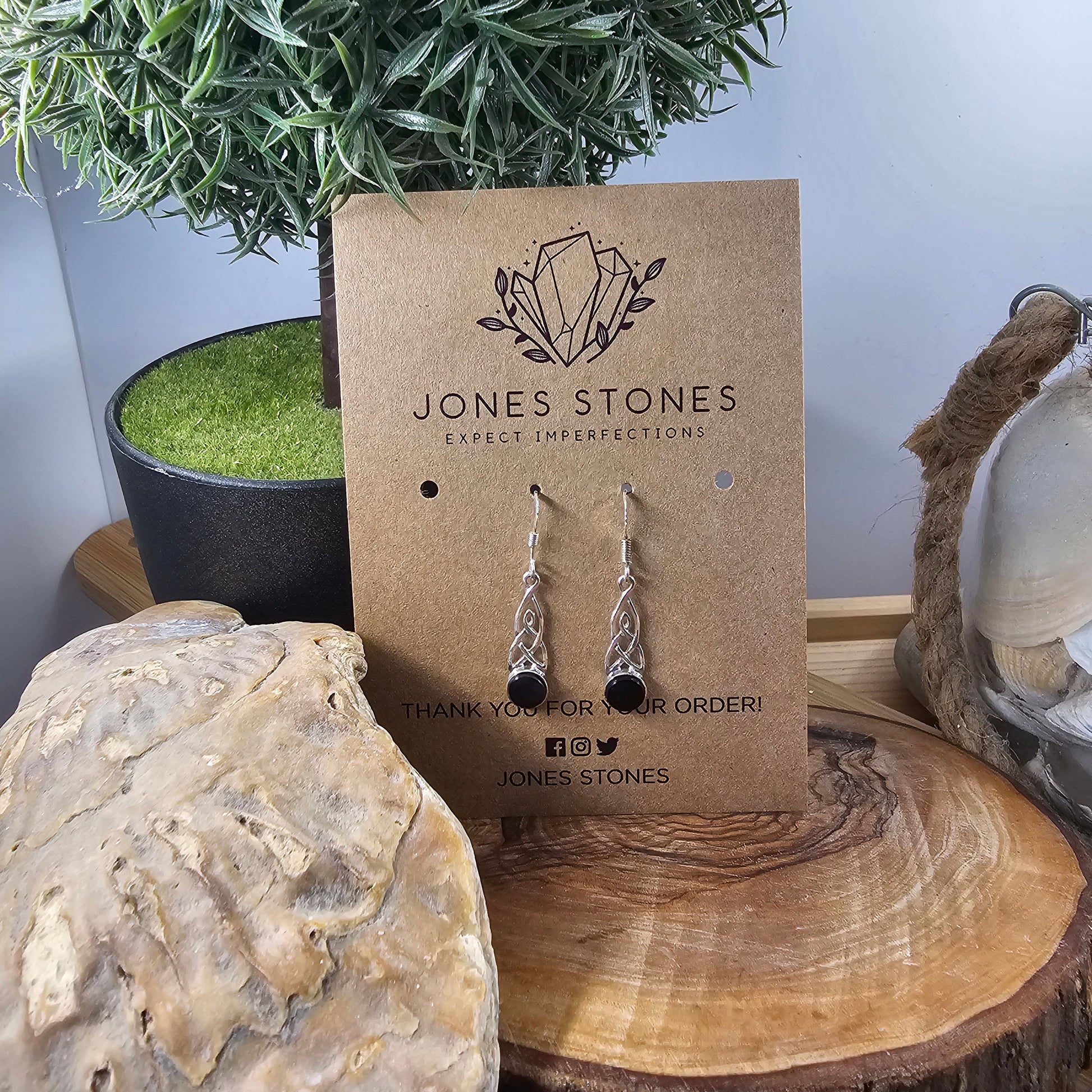 Handmade Whitby Jet Celtic Knot Drop Earrings | Sterling Silver Jones Stones