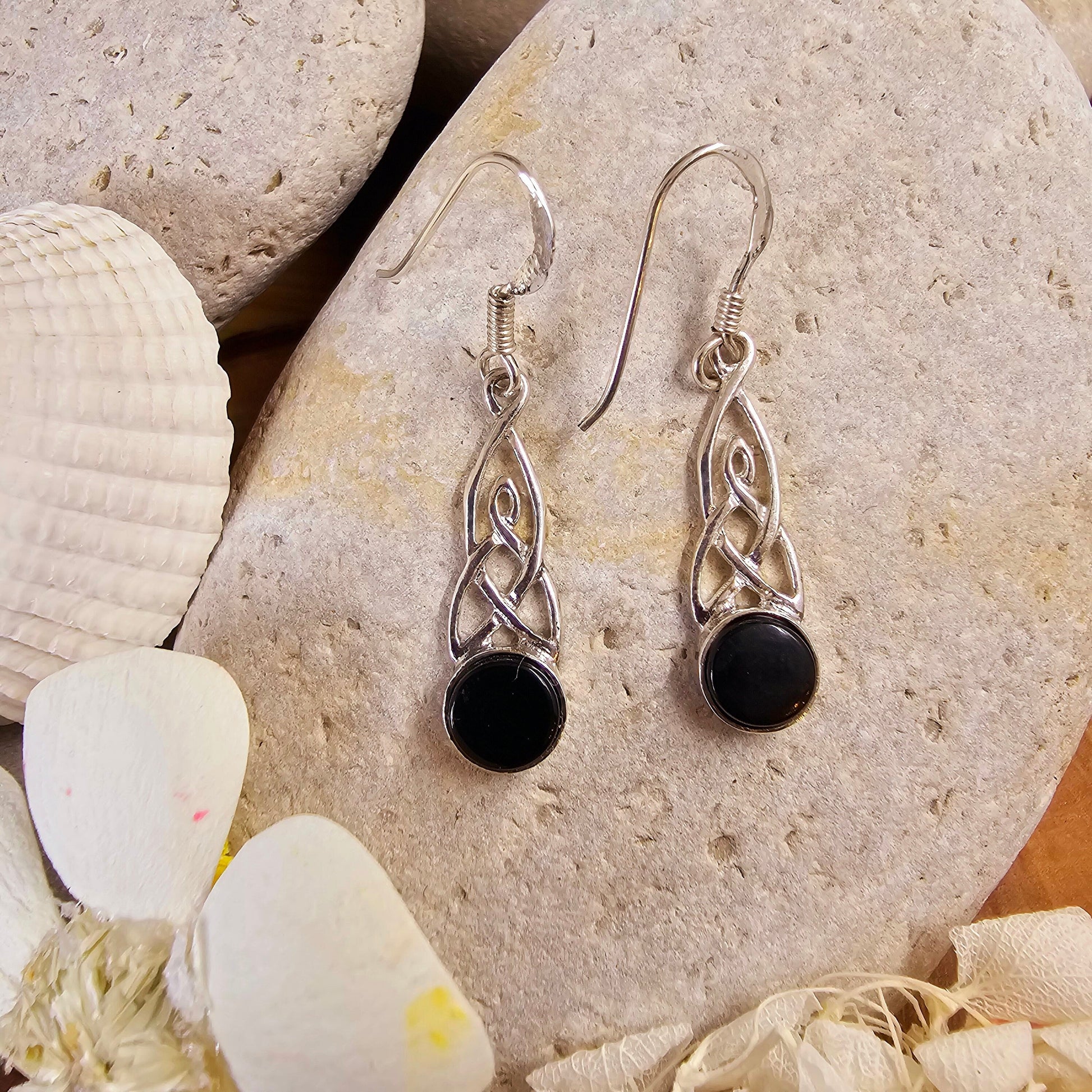 Handmade Whitby Jet Celtic Knot Drop Earrings | Sterling Silver Jones Stones