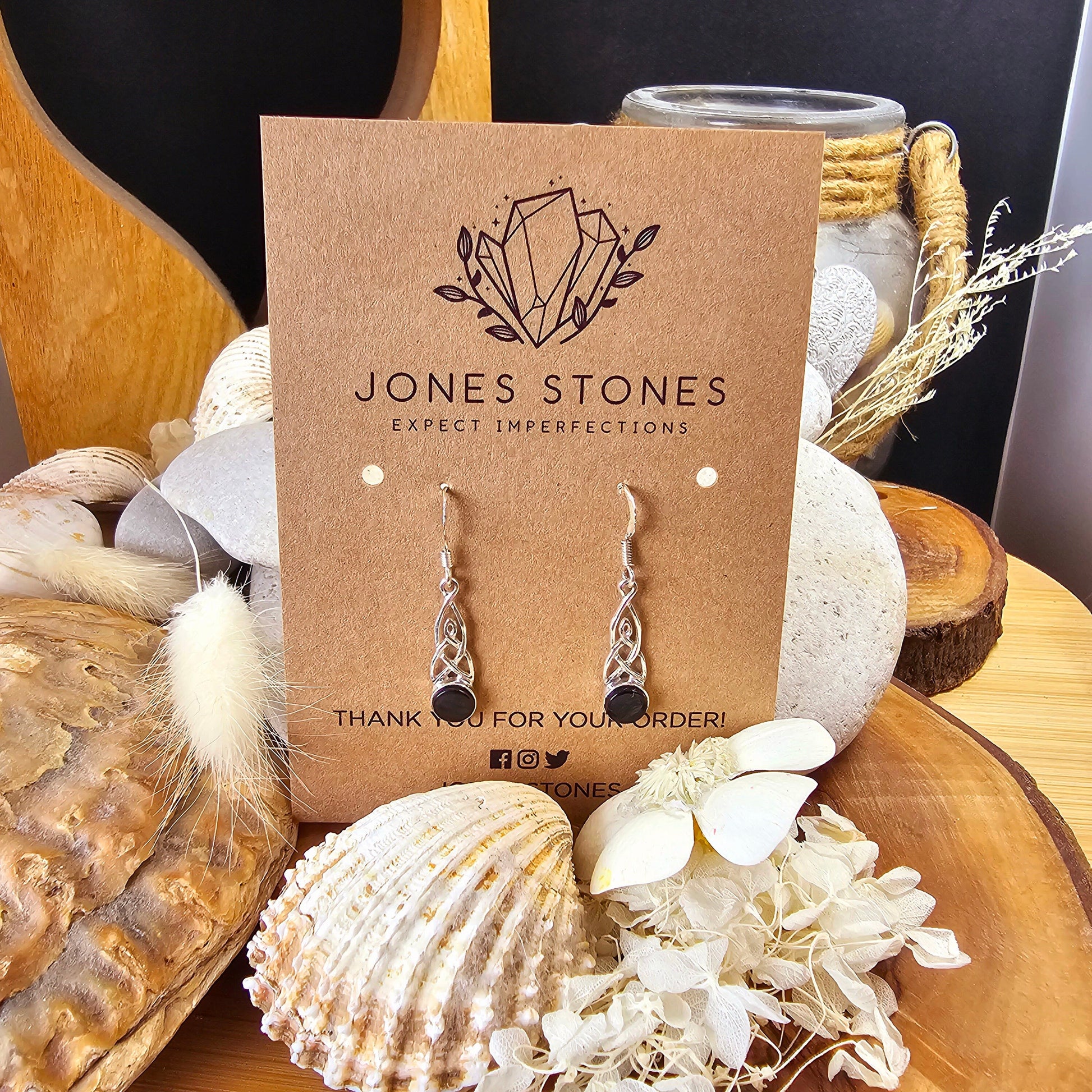 Handmade Whitby Jet Celtic Knot Drop Earrings | Sterling Silver Jones Stones