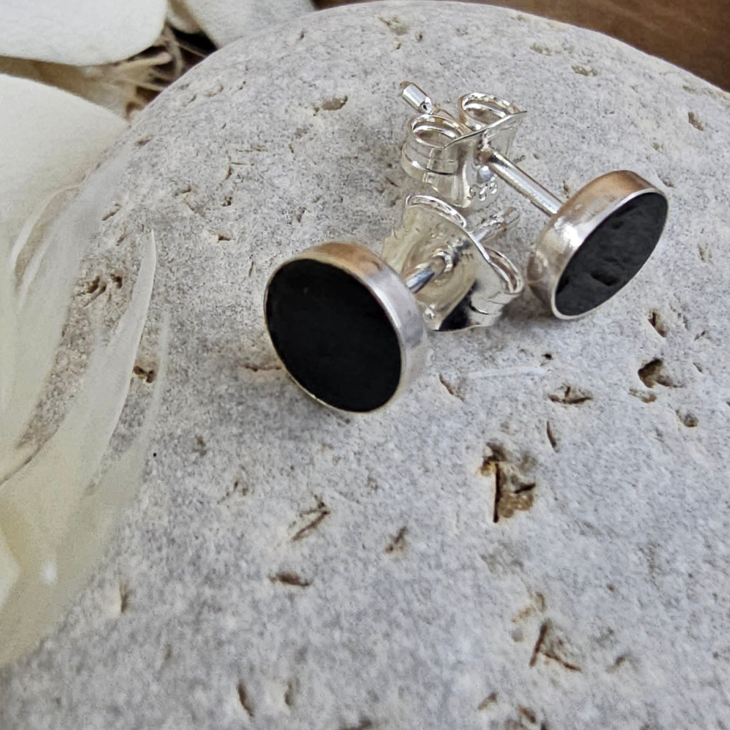 Handmade Whitby Jet Stud Earrings: Sterling Silver, 5-6mm Jones Stones