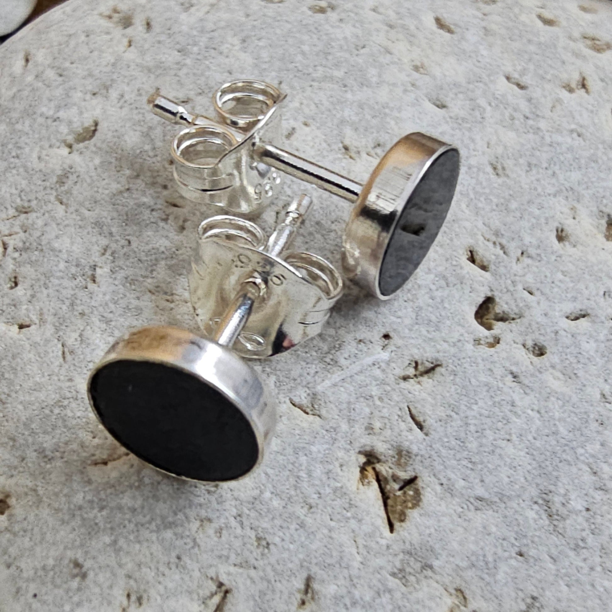 Handmade Whitby Jet Stud Earrings: Sterling Silver, 5-6mm Jones Stones