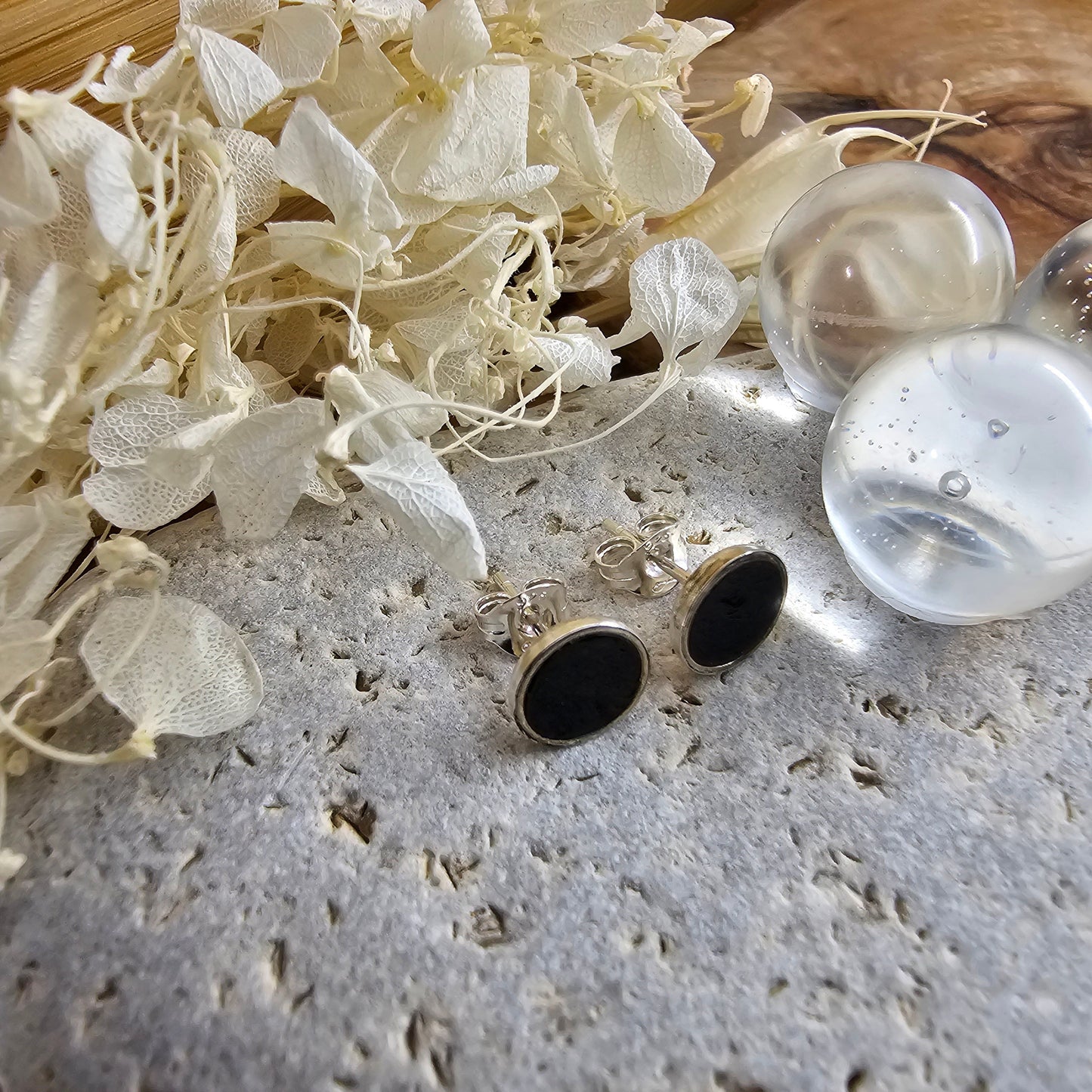 Handmade Whitby Jet Stud Earrings: Sterling Silver, 4mm Jones Stones