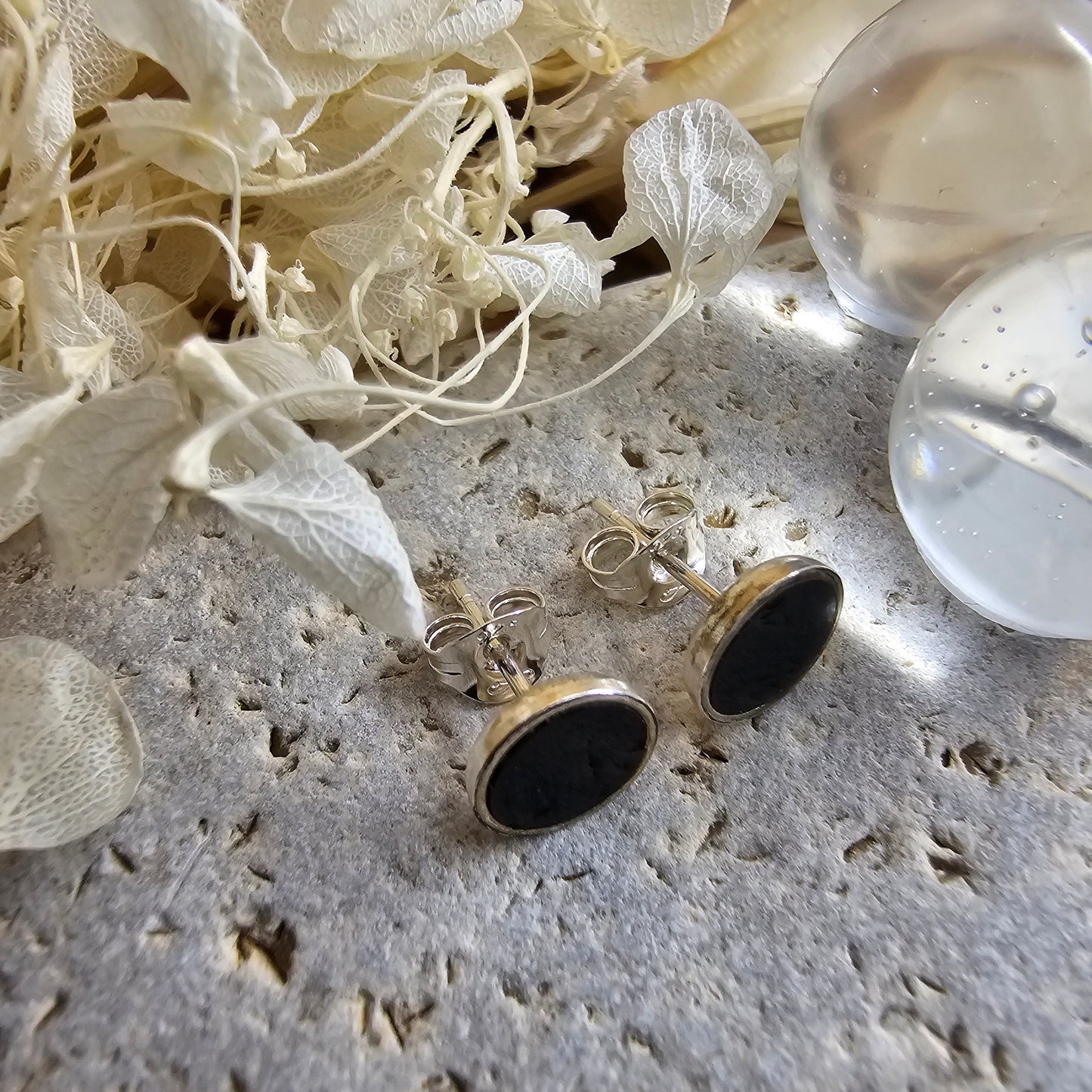 Handmade Whitby Jet Stud Earrings: Sterling Silver, 5-6mm Jones Stones