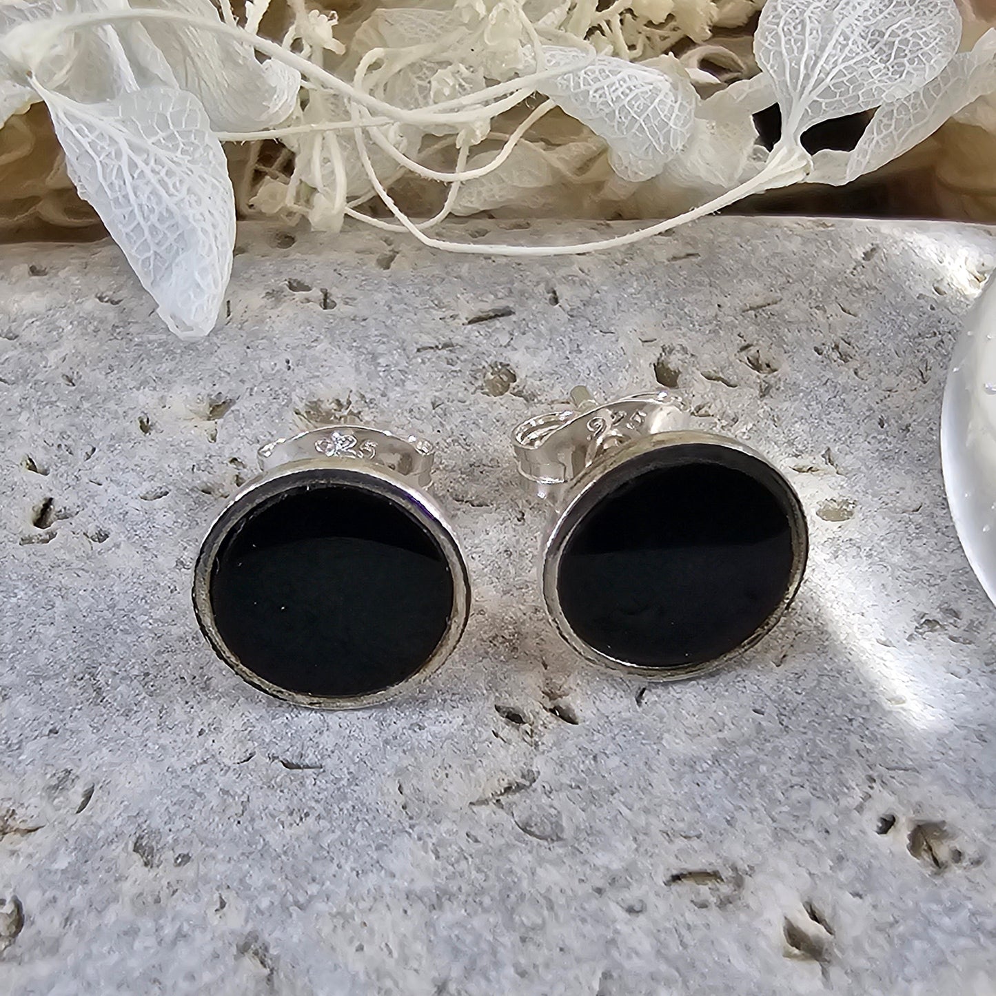 Handmade Whitby Jet Stud Earrings: Sterling Silver, 5-6mm Jones Stones
