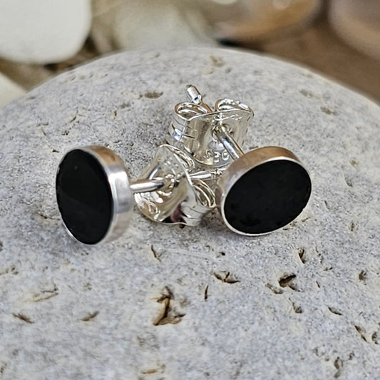 Handmade Whitby Jet Stud Earrings: Sterling Silver, 5-6mm Jones Stones