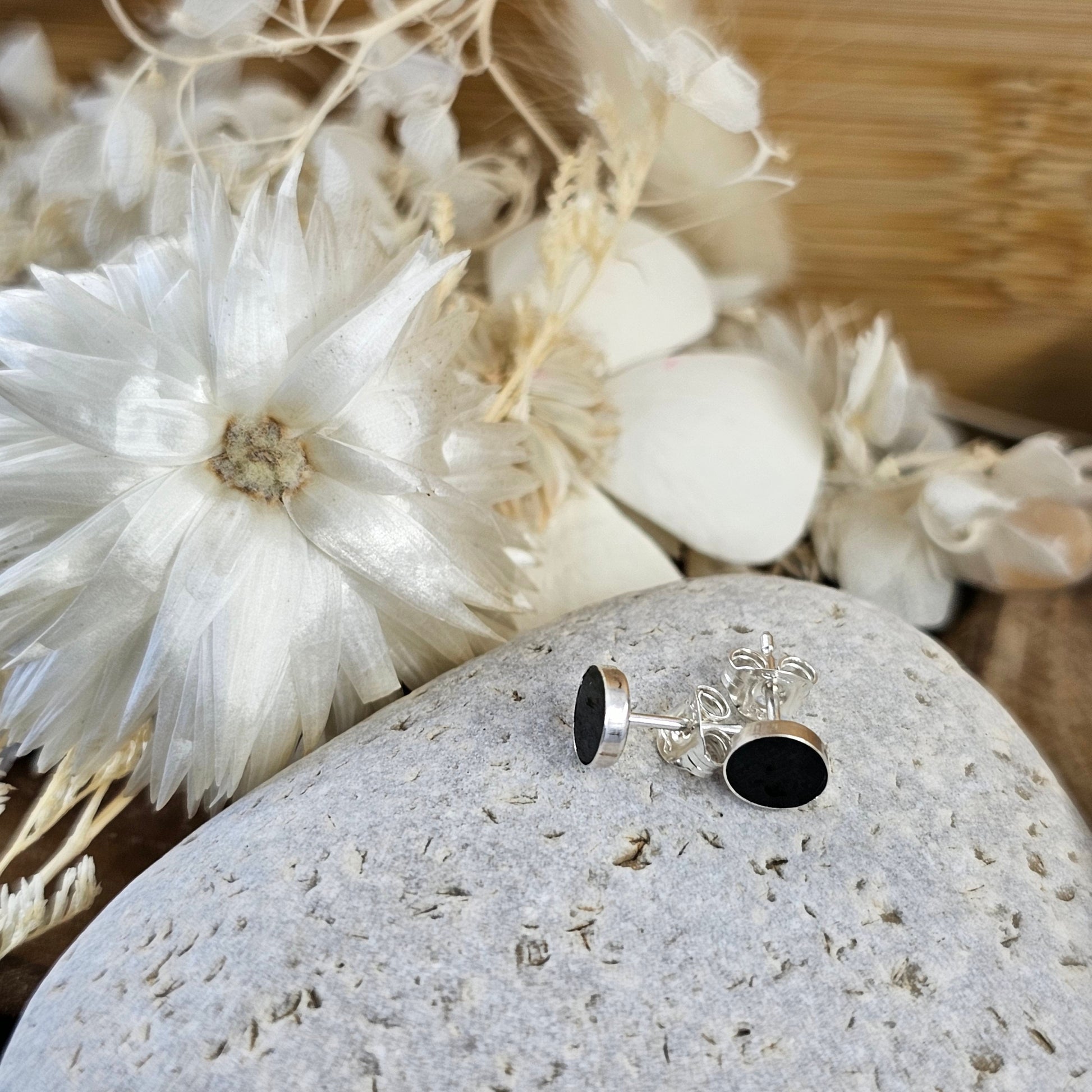 Handmade Whitby Jet Stud Earrings: Sterling Silver, 5-6mm Jones Stones