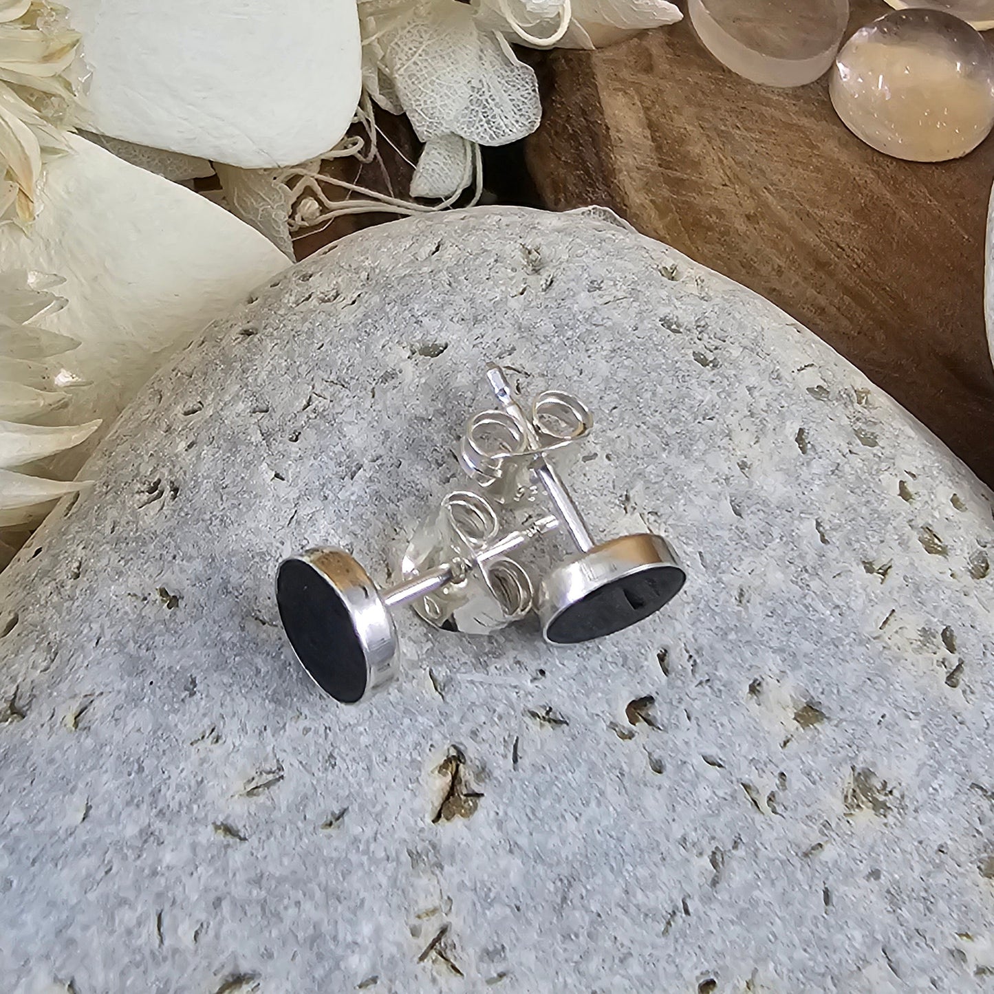 Handmade Whitby Jet Stud Earrings: Sterling Silver, 4mm Jones Stones