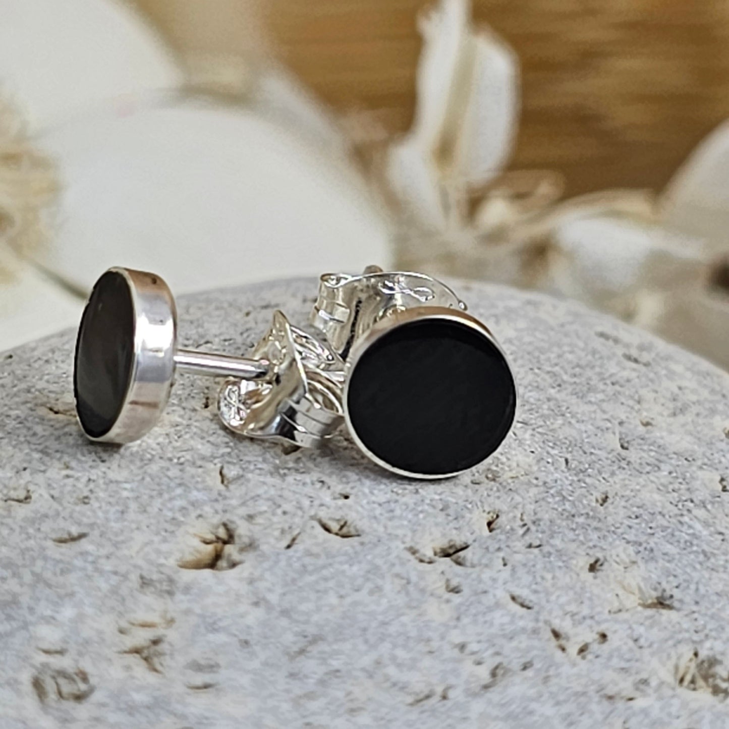 Handmade Whitby Jet Stud Earrings: Sterling Silver, 5-6mm Jones Stones