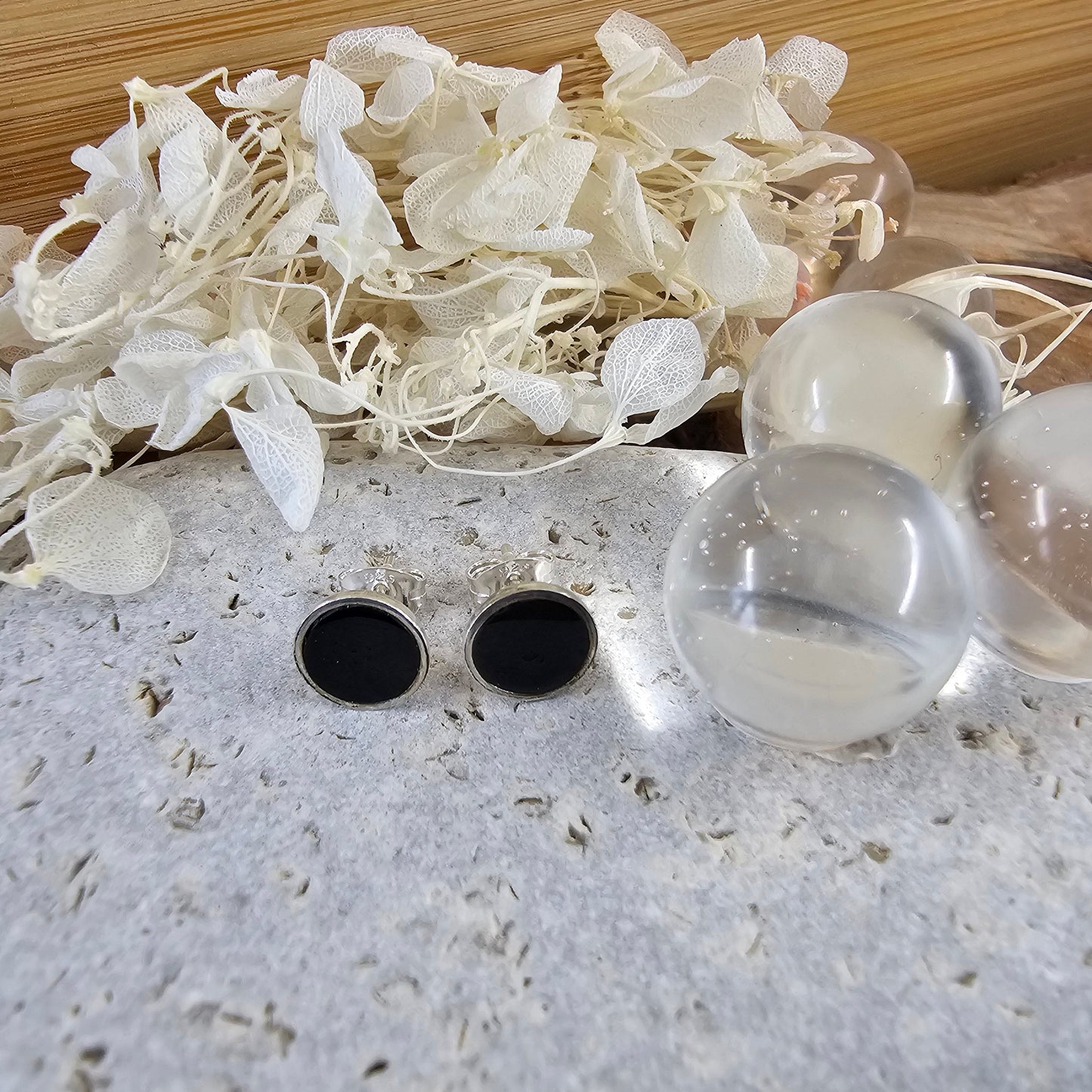 Handmade Whitby Jet Stud Earrings: Sterling Silver, 5-6mm Jones Stones