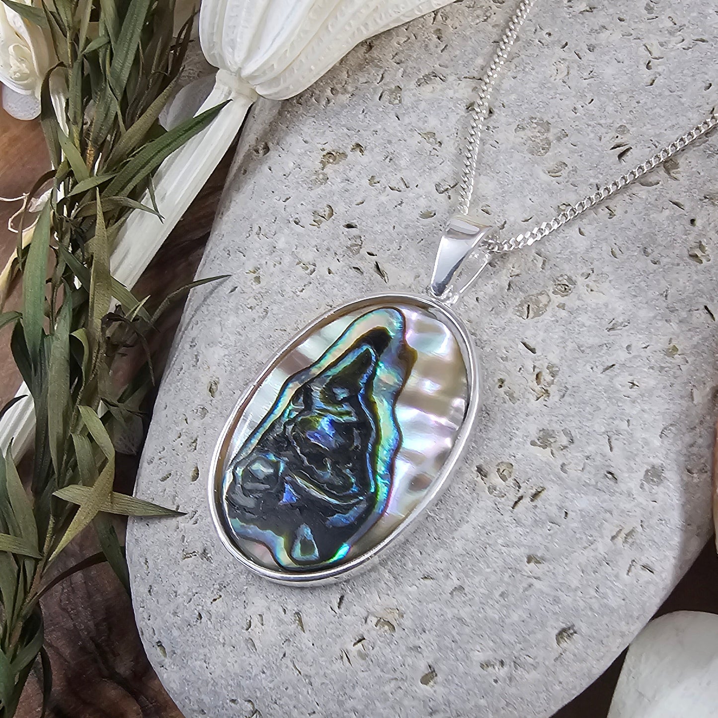 Handmade Paua Shell Pendant: Sterling Silver Necklace (34.2mm) Jones Stones