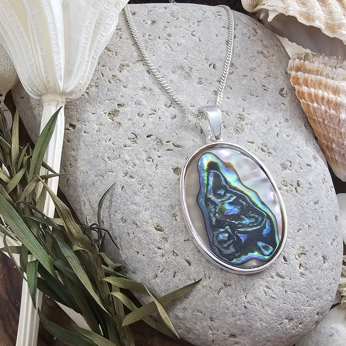 Handmade Paua Shell Pendant: Sterling Silver Necklace (34.2mm) Jones Stones