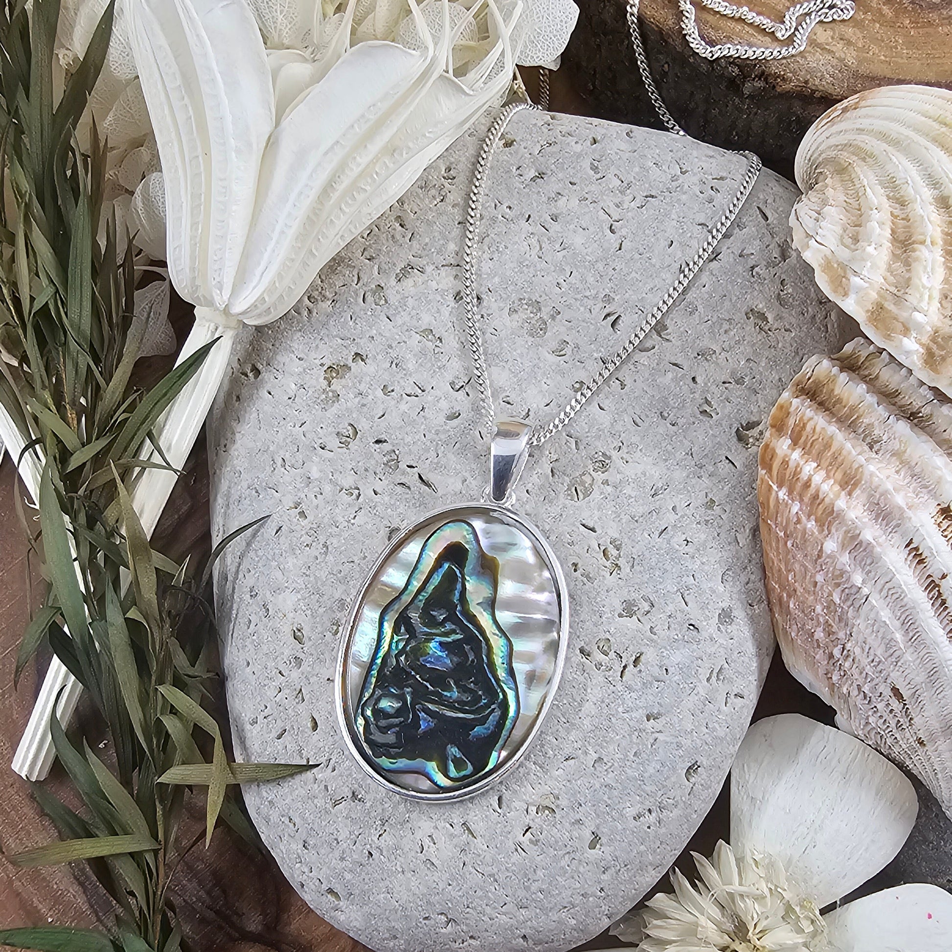 Handmade Paua Shell Pendant: Sterling Silver Necklace (34.2mm) Jones Stones