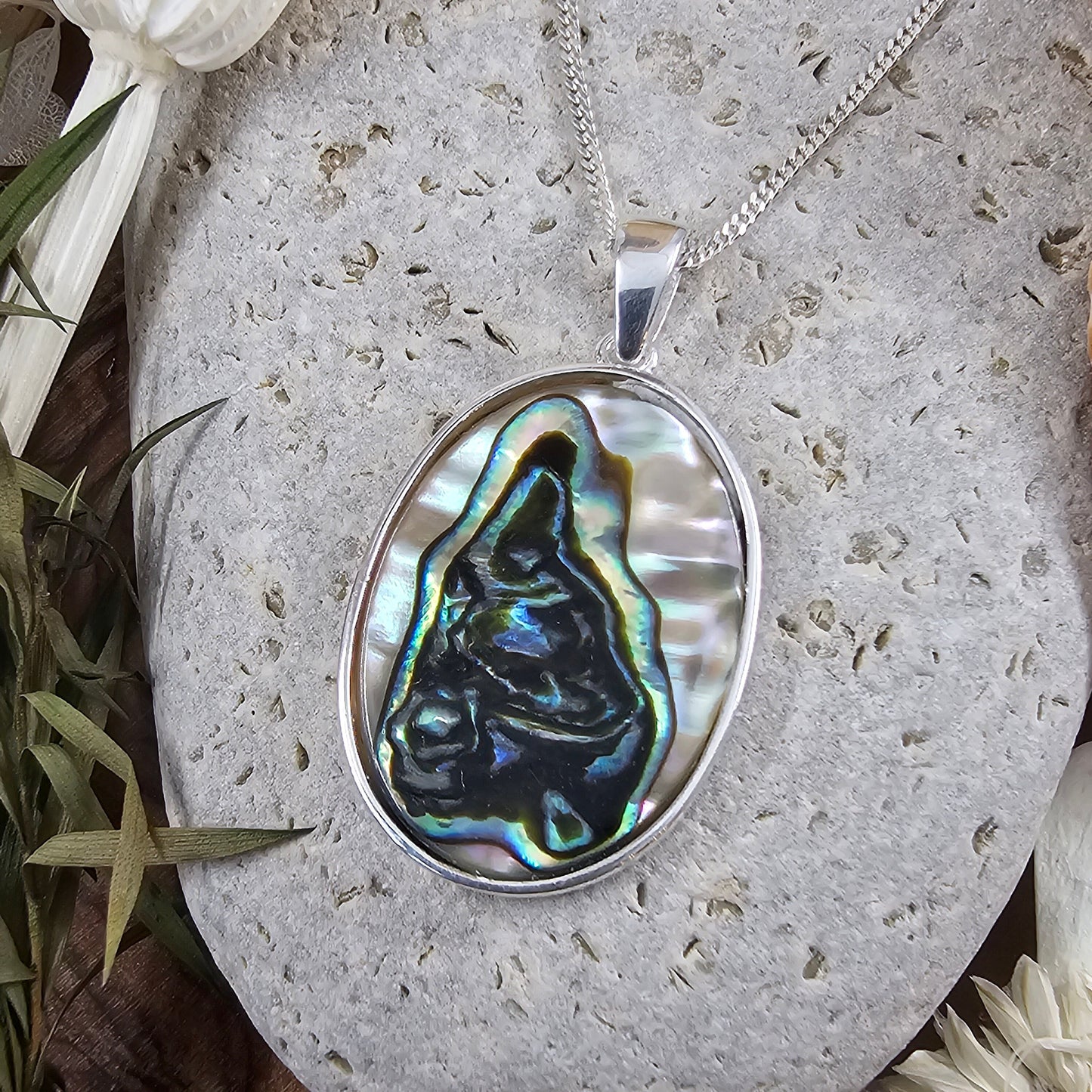 Handmade Paua Shell Pendant: Sterling Silver Necklace (34.2mm) Jones Stones