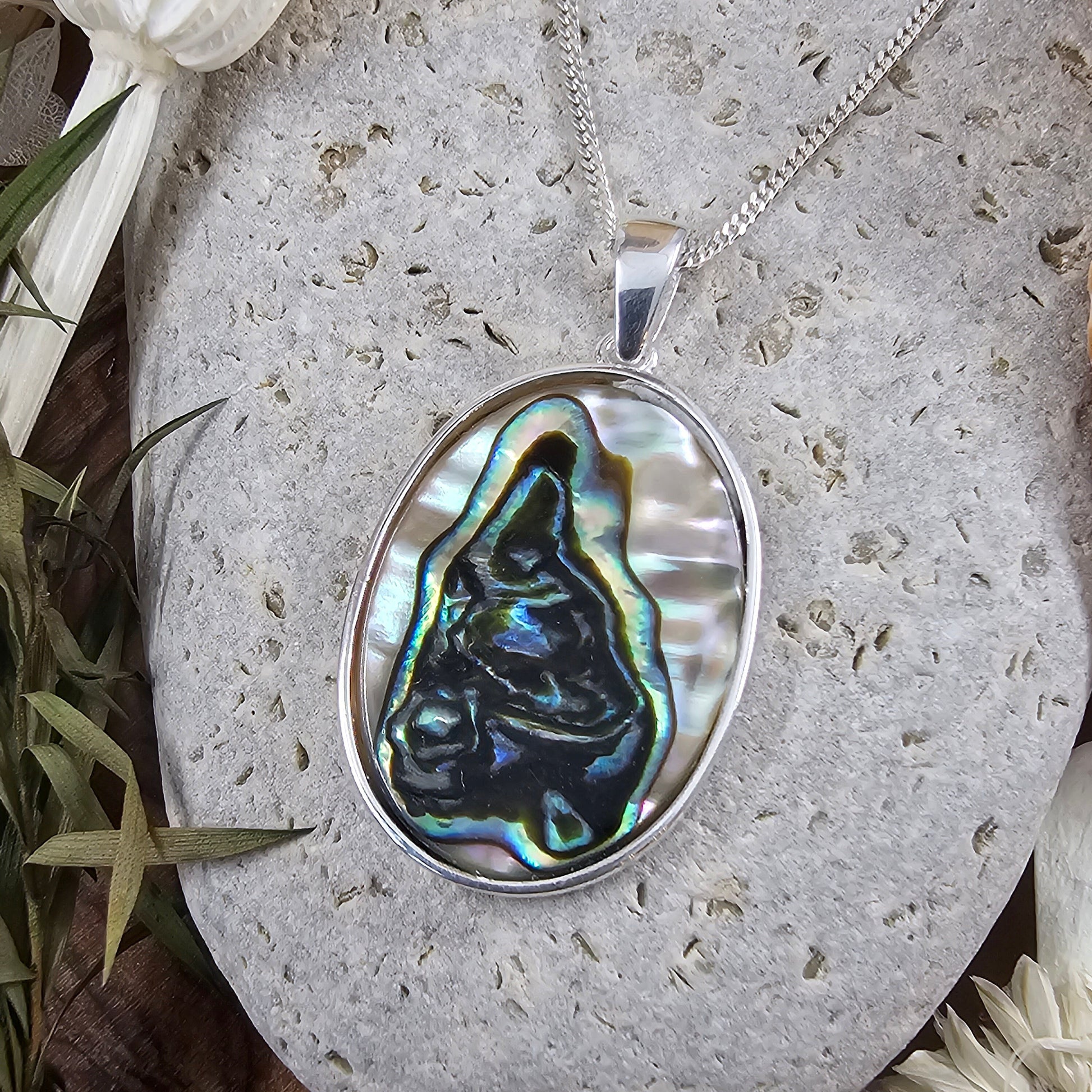 Handmade Paua Shell Pendant: Sterling Silver Necklace (34.2mm) Jones Stones
