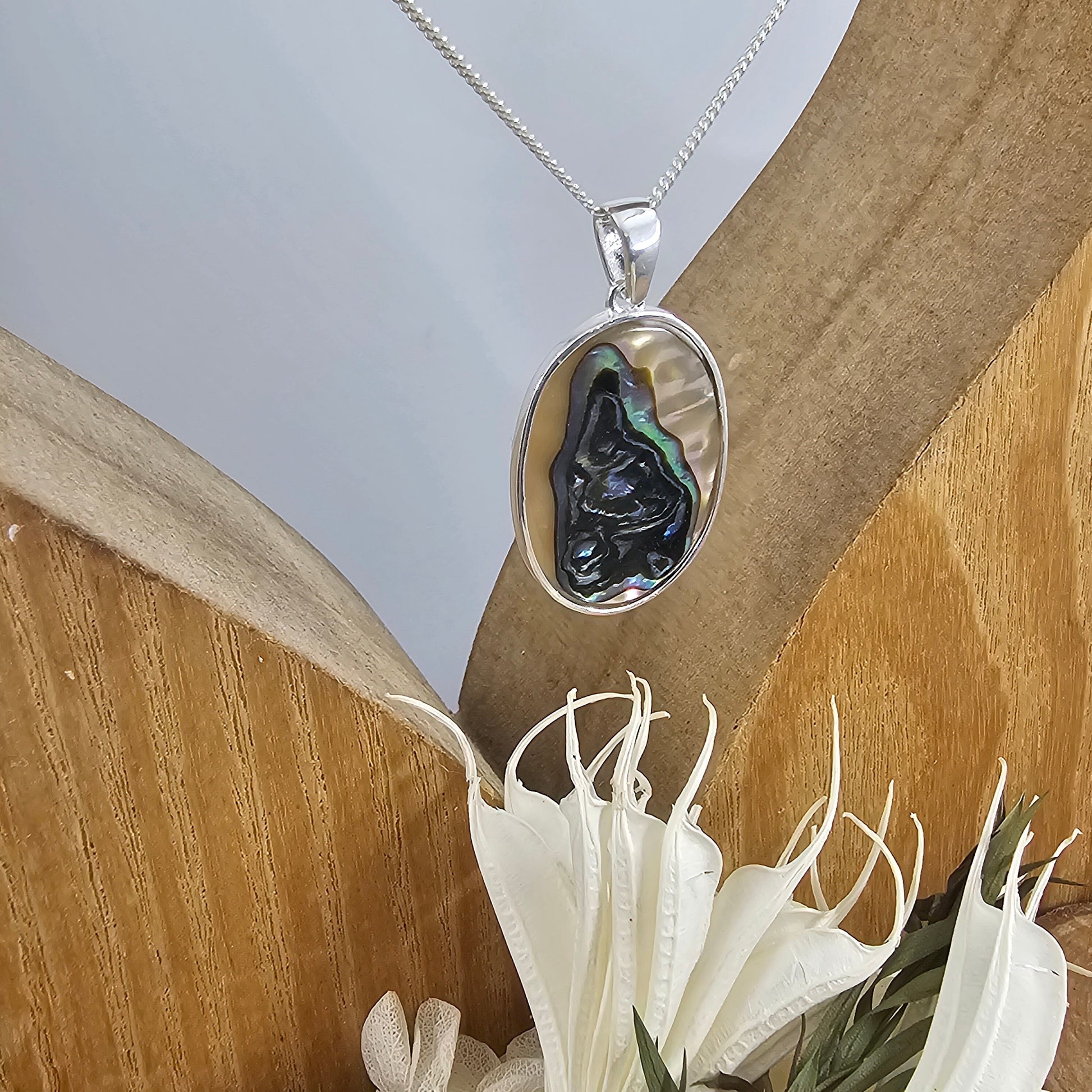 Handmade Paua Shell Pendant: Sterling Silver Necklace (34.2mm) Jones Stones