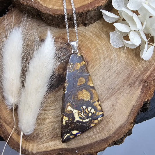 Australian Boulder Opal Pendant: Sterling Silver, Leather Cord Jones Stones