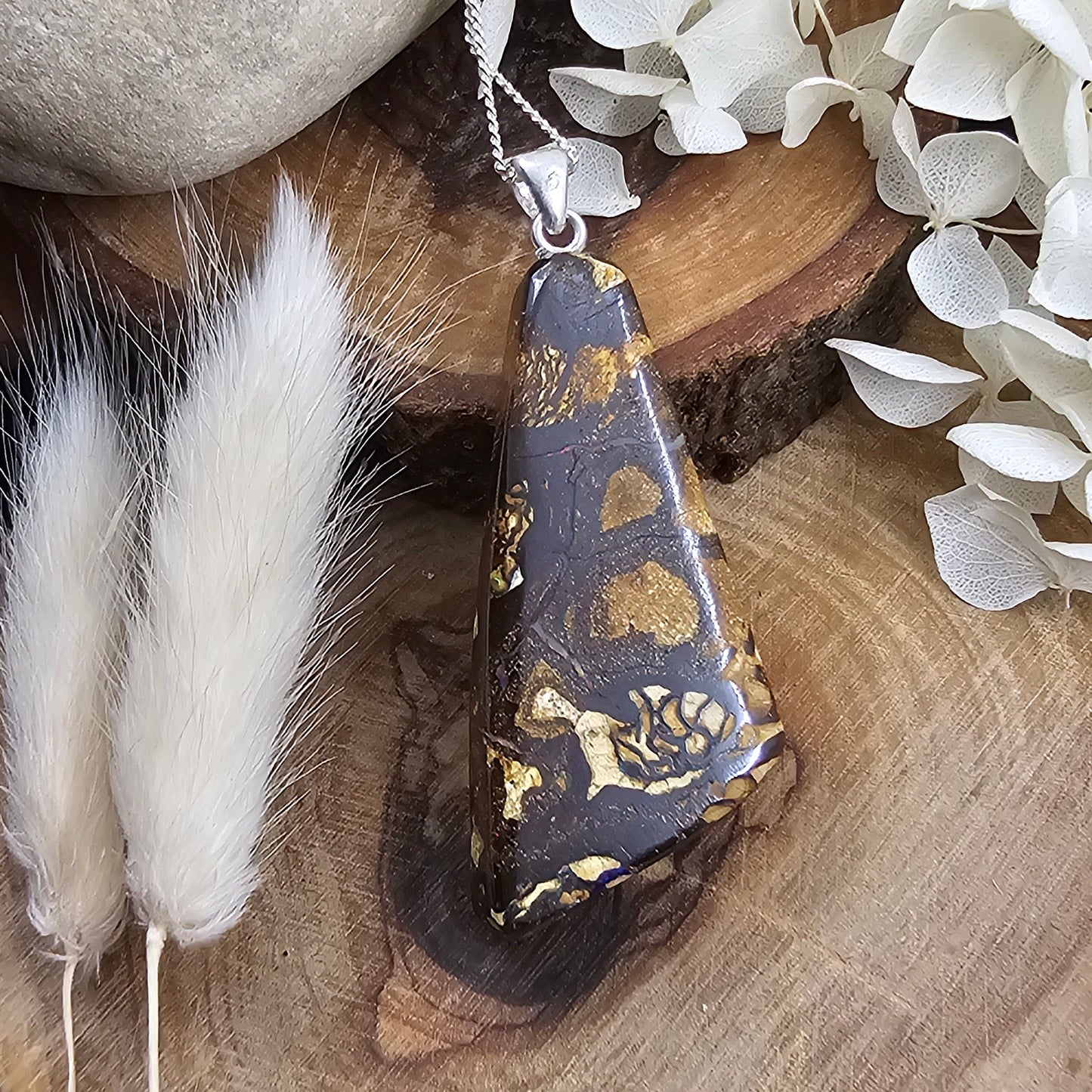 Australian Boulder Opal Pendant: Sterling Silver, Leather Cord Jones Stones