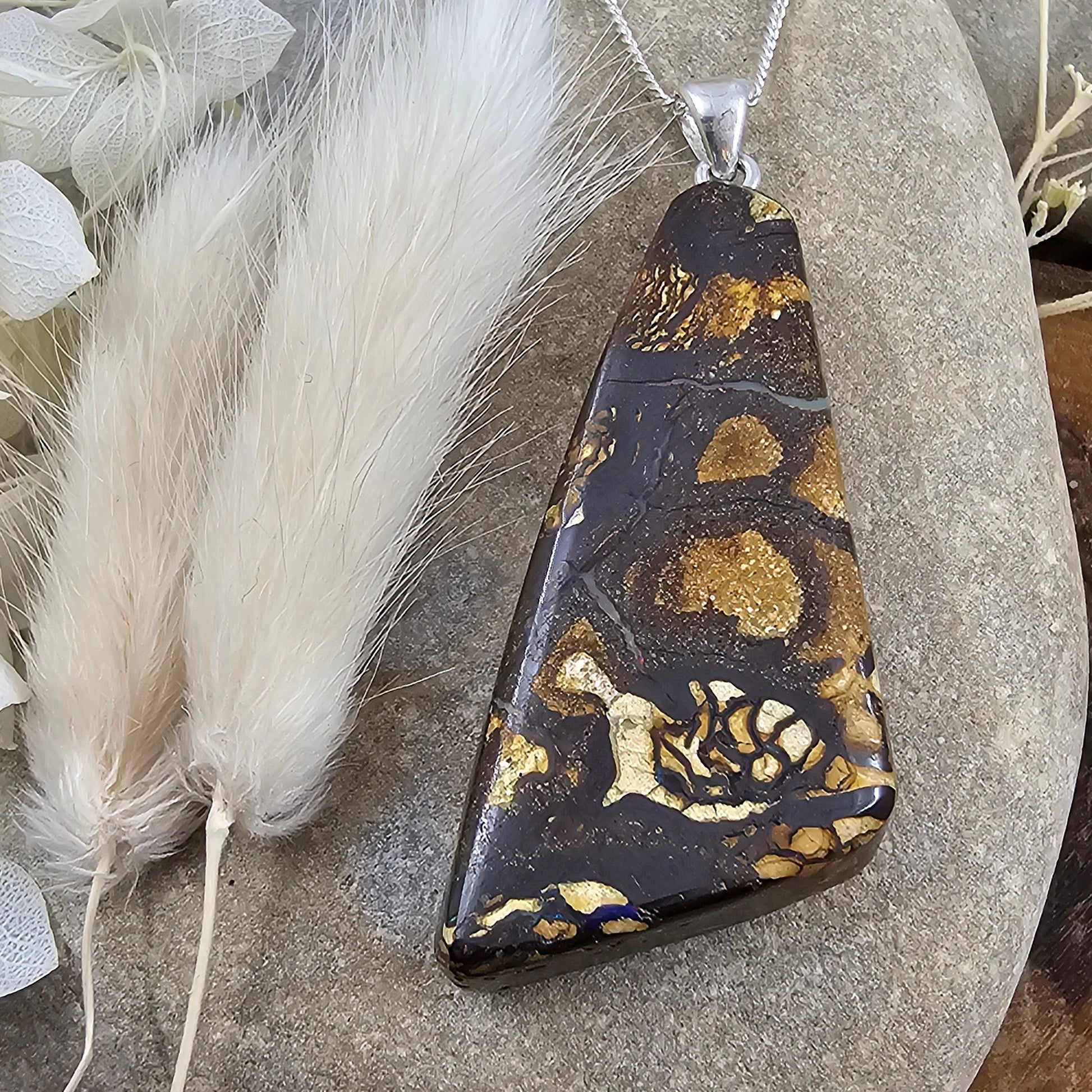 Australian Boulder Opal Pendant: Sterling Silver, Leather Cord Jones Stones