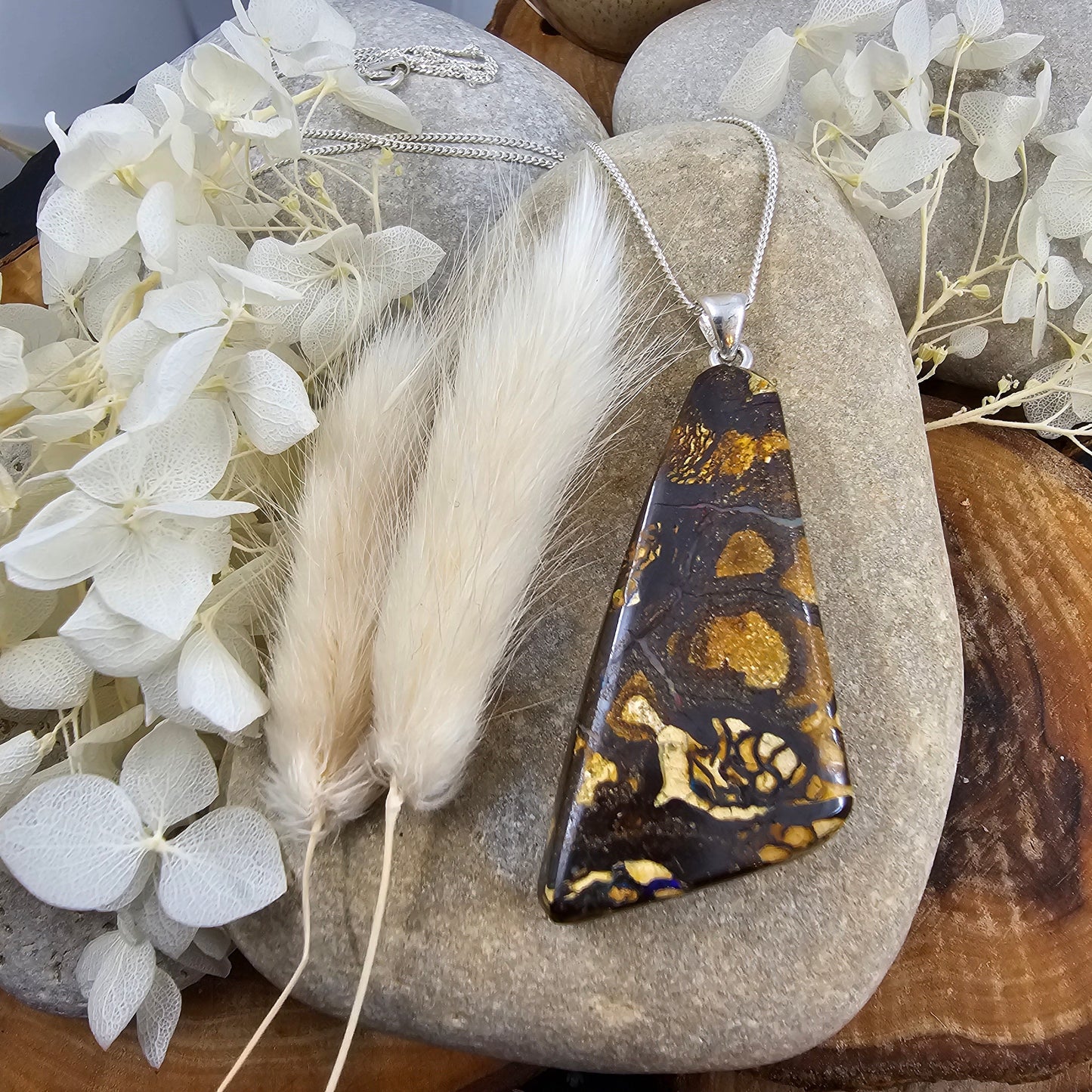 Australian Boulder Opal Pendant: Sterling Silver, Leather Cord Jones Stones