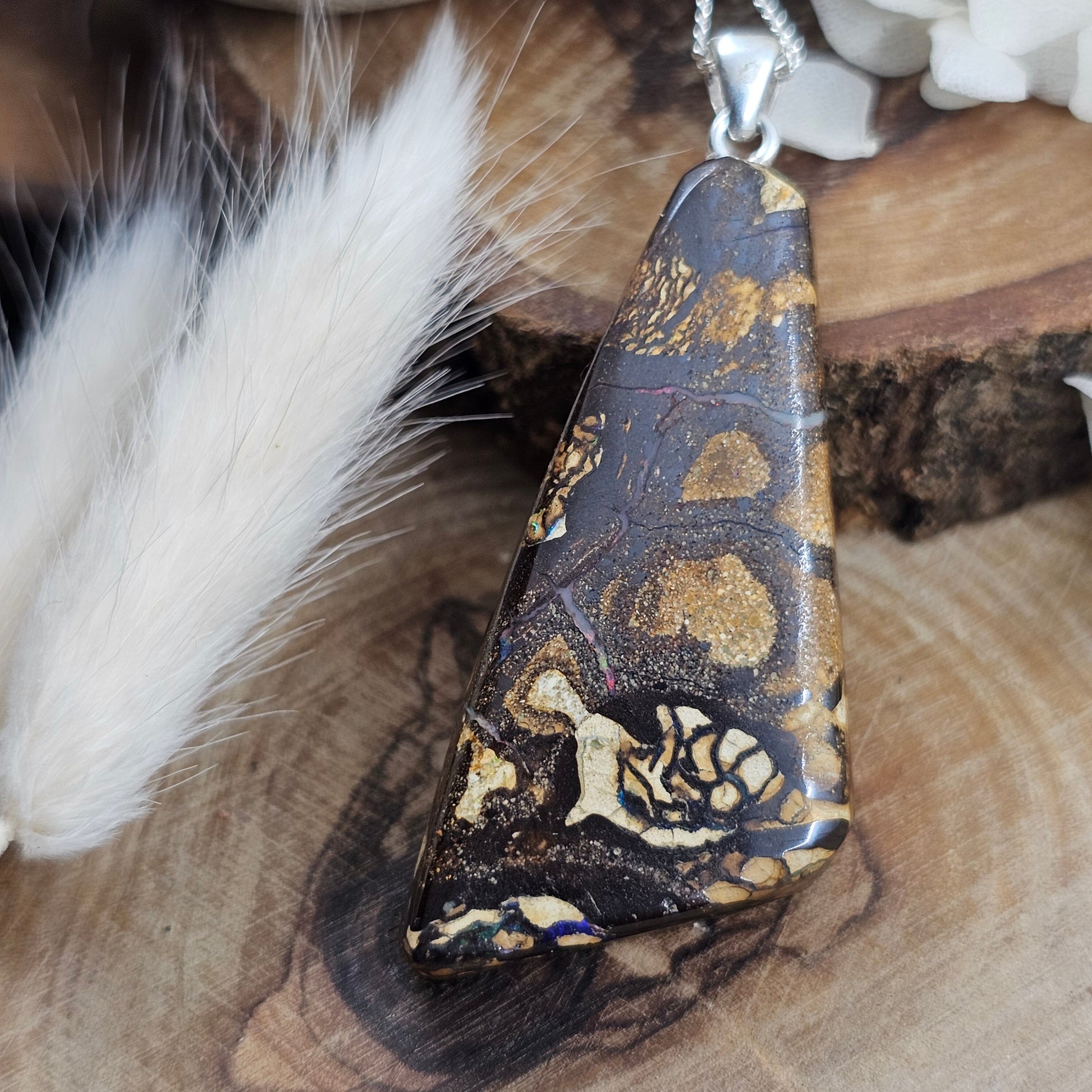 Australian Boulder Opal Pendant: Sterling Silver, Leather Cord Jones Stones