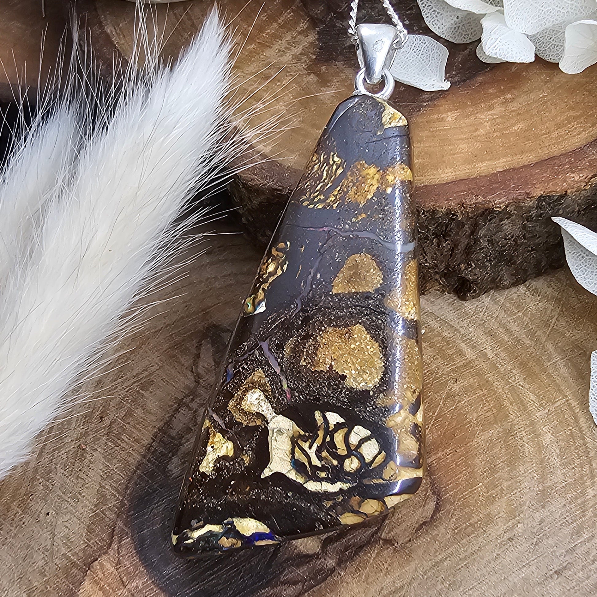 Australian Boulder Opal Pendant: Sterling Silver, Leather Cord Jones Stones