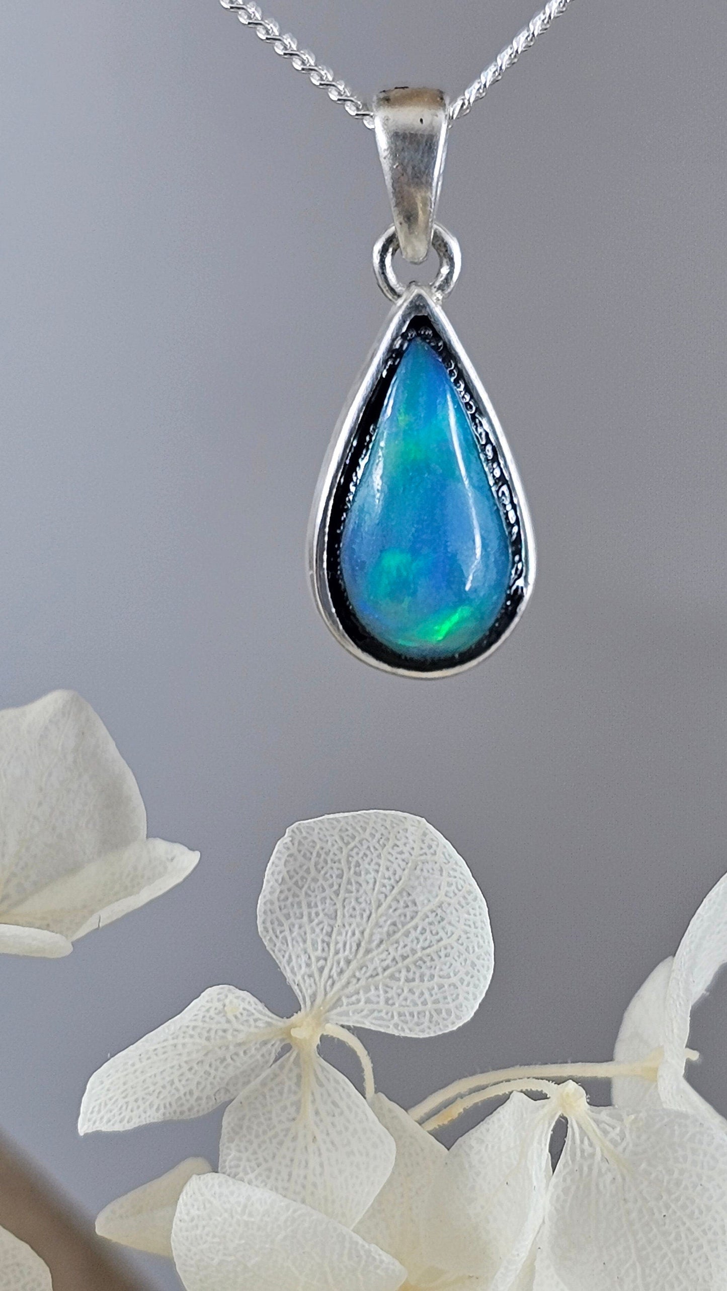 Teardrop Welo Opal Pendant: Sterling Silver Ethiopian Crystal Jones Stones