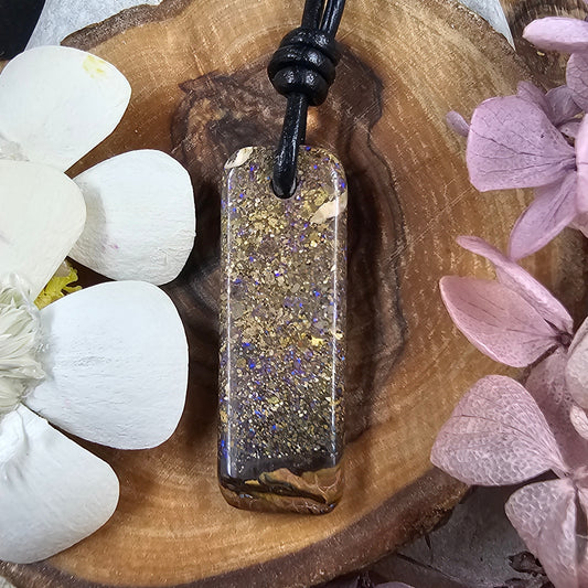 Australian Boulder Opal Pendant: Handmade Gemstone with Leather Strap Jones Stones