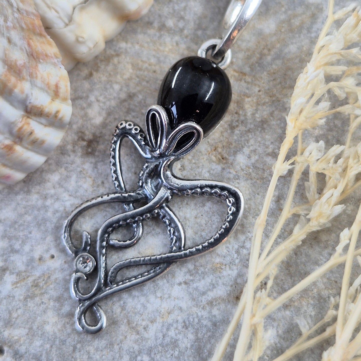 Whitby Jet Octopus Pendant - Sterling Silver Charm Necklace Jones Stones