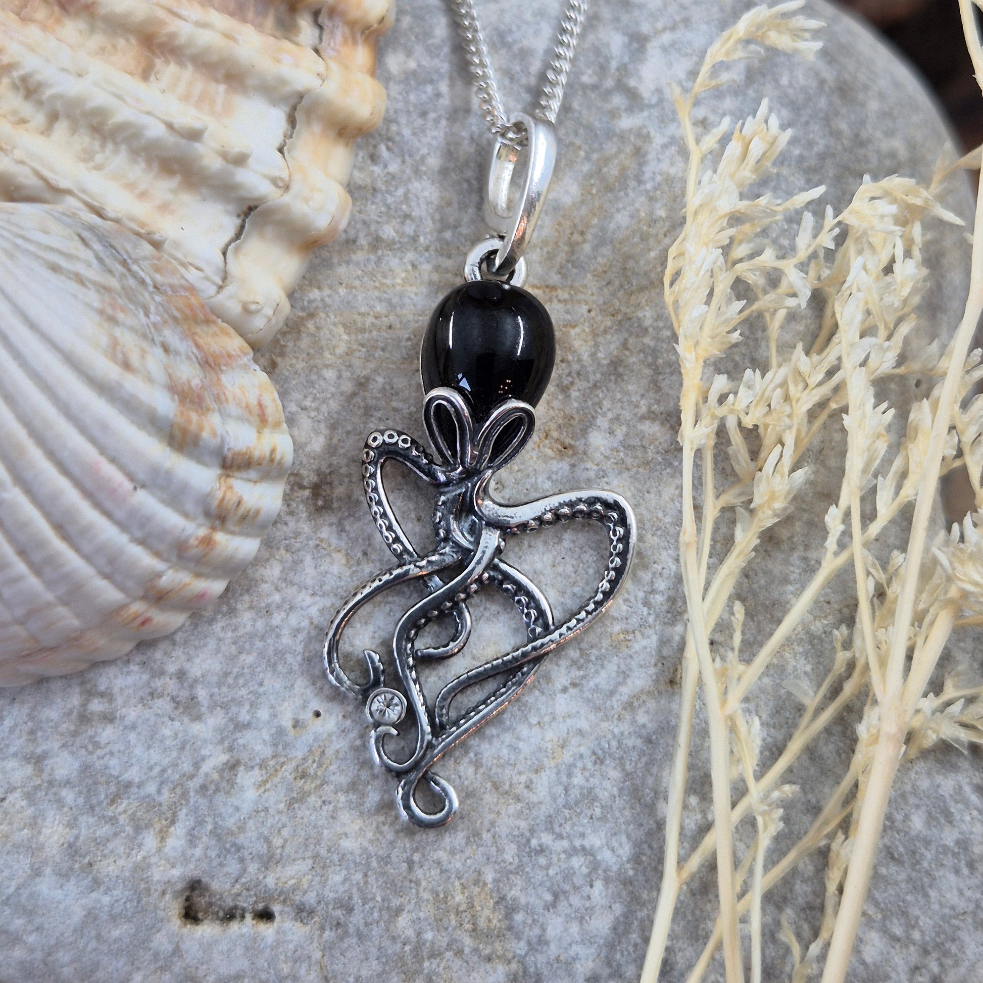 Whitby Jet Octopus Pendant - Sterling Silver Charm Necklace Jones Stones