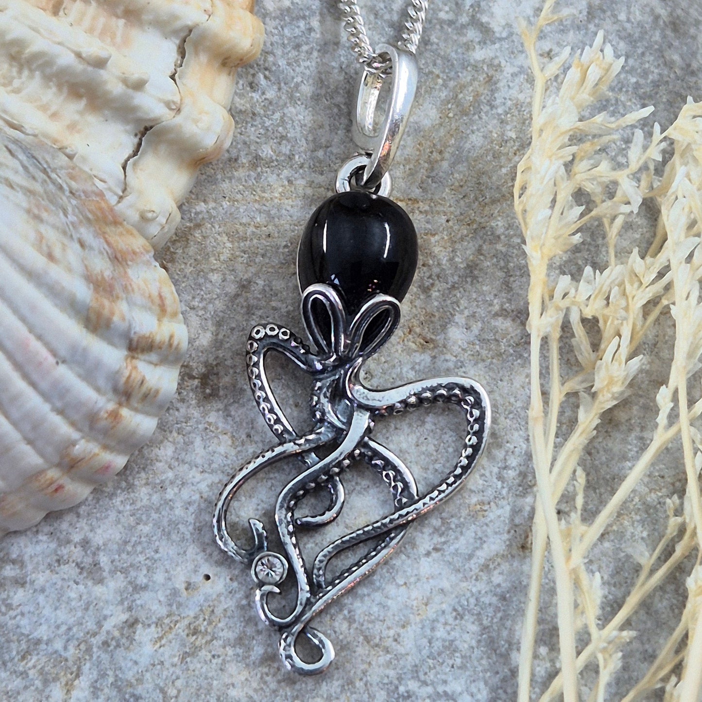 Whitby Jet Octopus Pendant - Sterling Silver Charm Necklace Jones Stones