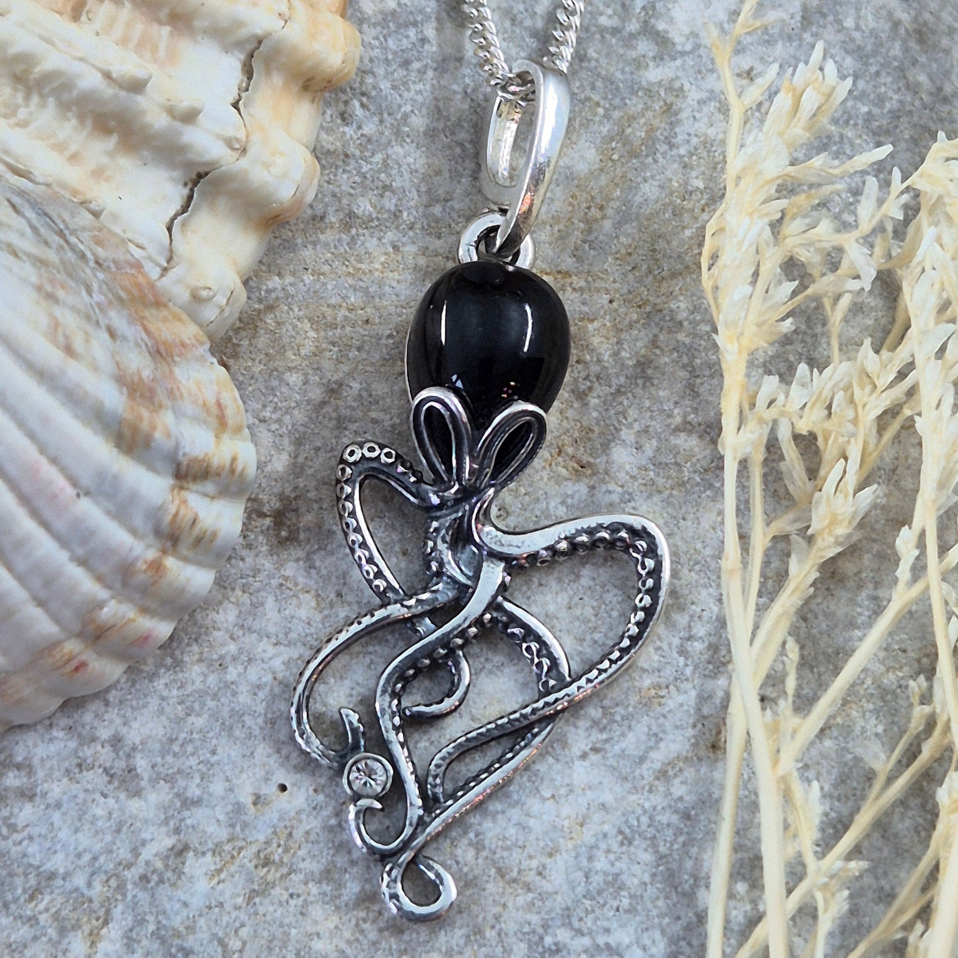 Whitby Jet Octopus Pendant - Sterling Silver Charm Necklace Jones Stones