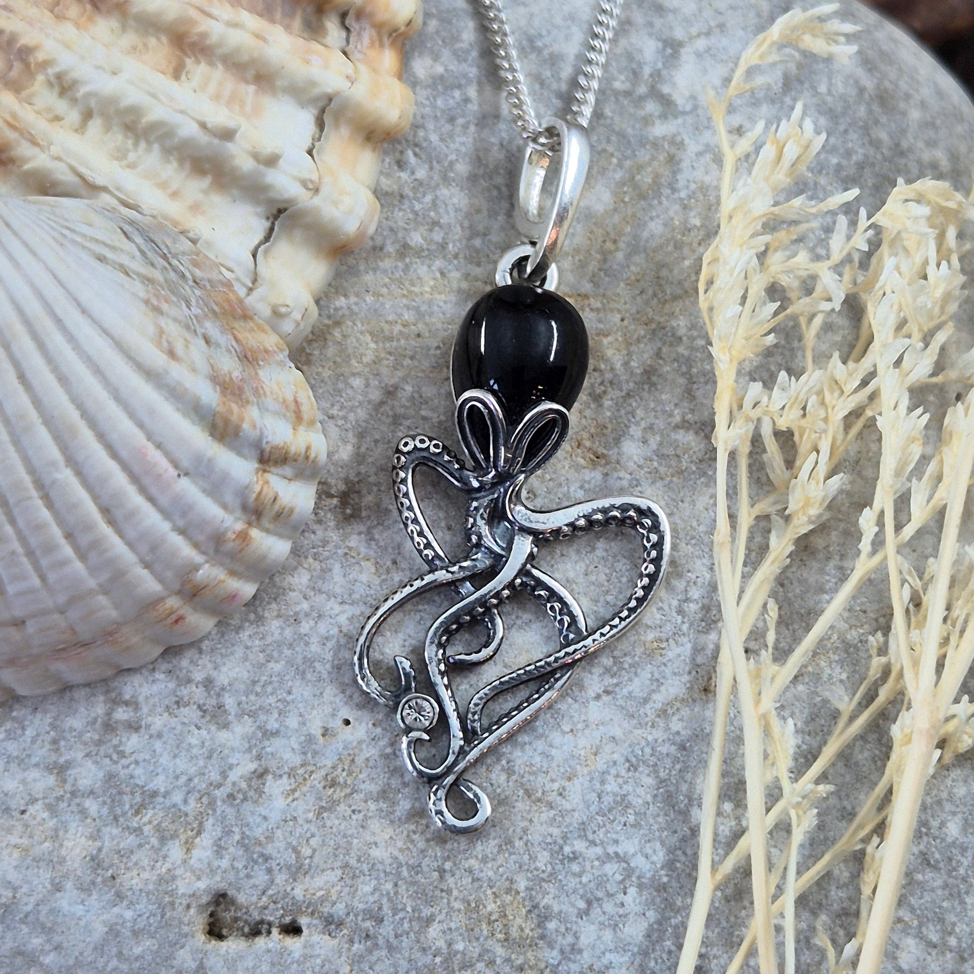 Whitby Jet Octopus Pendant - Sterling Silver Charm Necklace Jones Stones