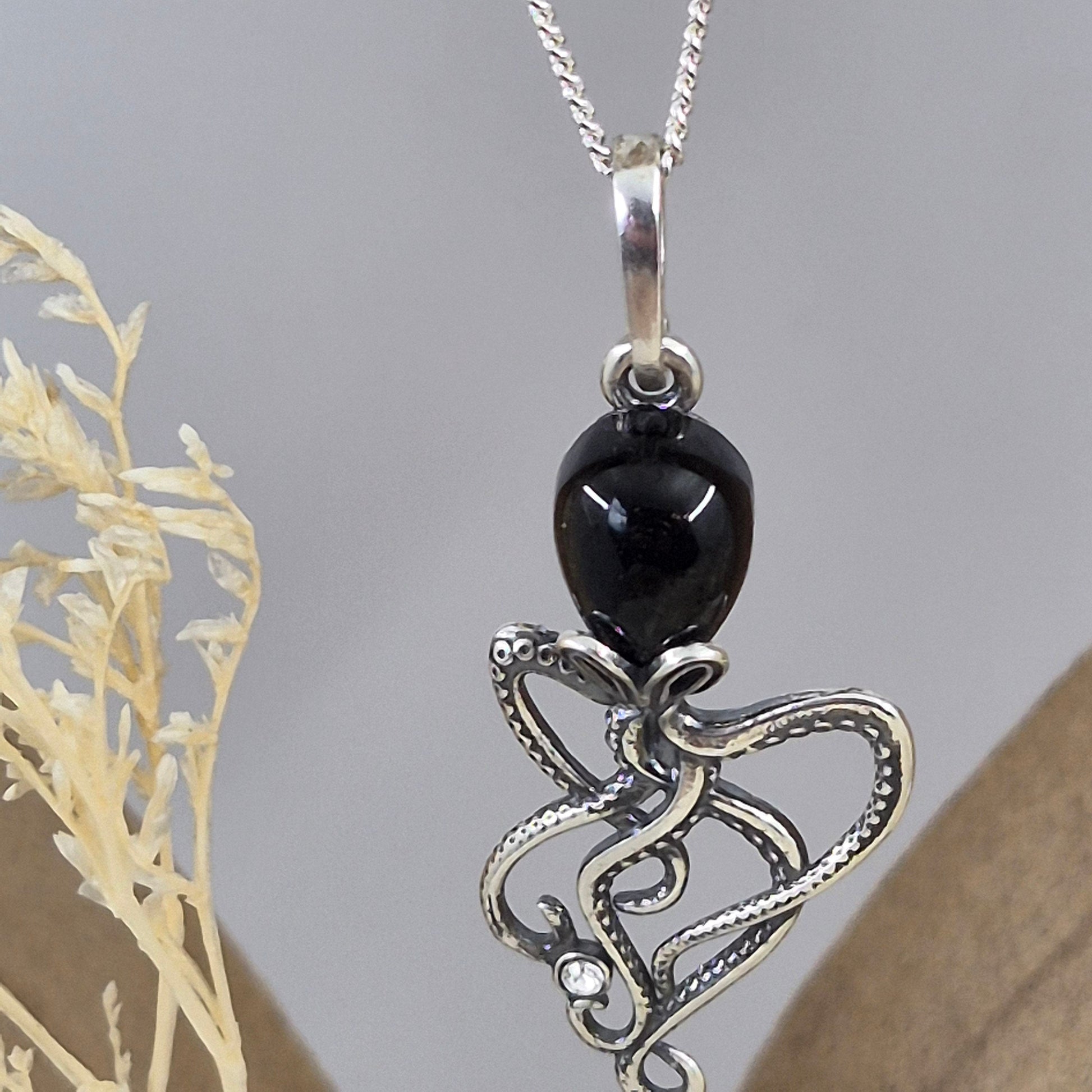Whitby Jet Octopus Pendant - Sterling Silver Charm Necklace Jones Stones