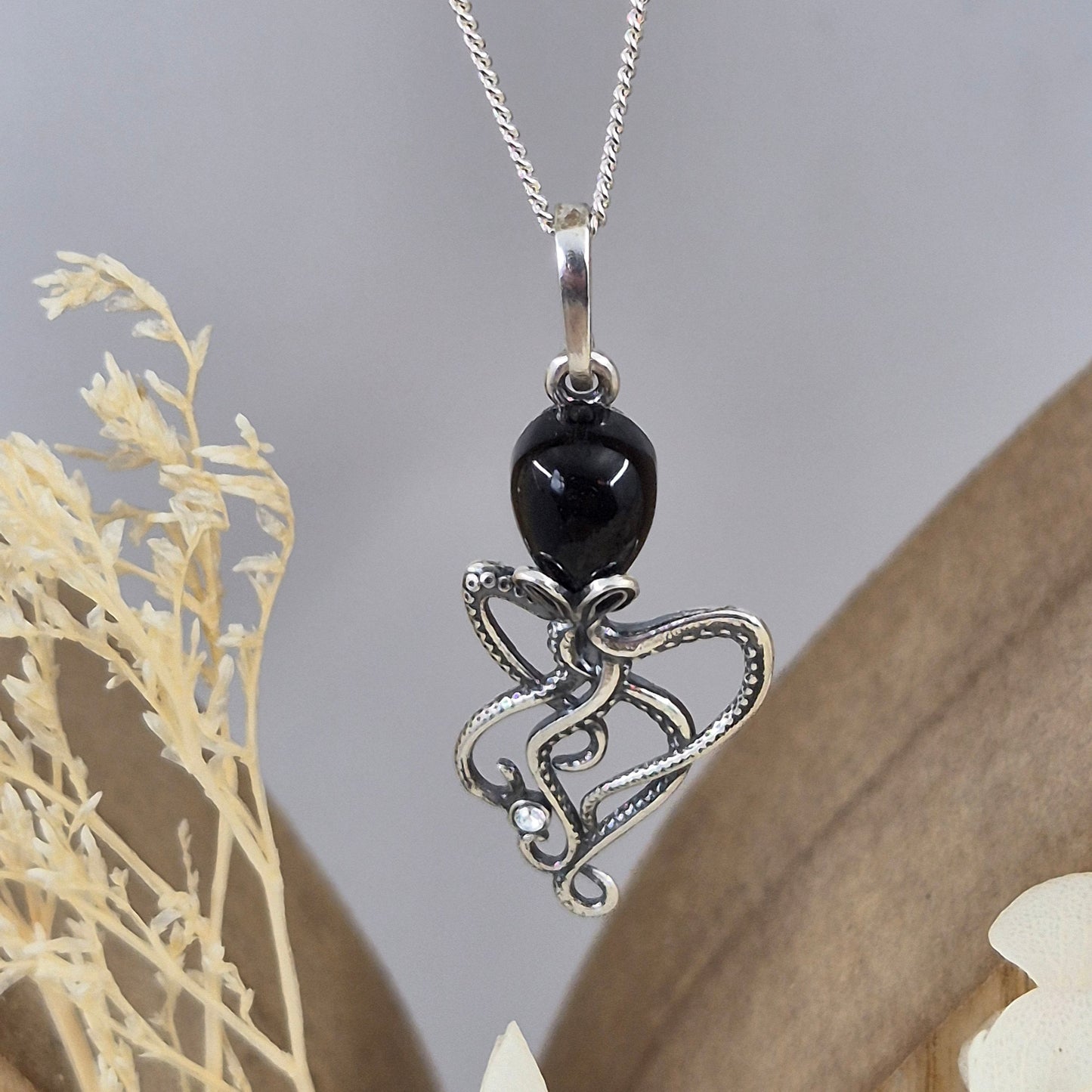 Whitby Jet Octopus Pendant - Sterling Silver Charm Necklace Jones Stones