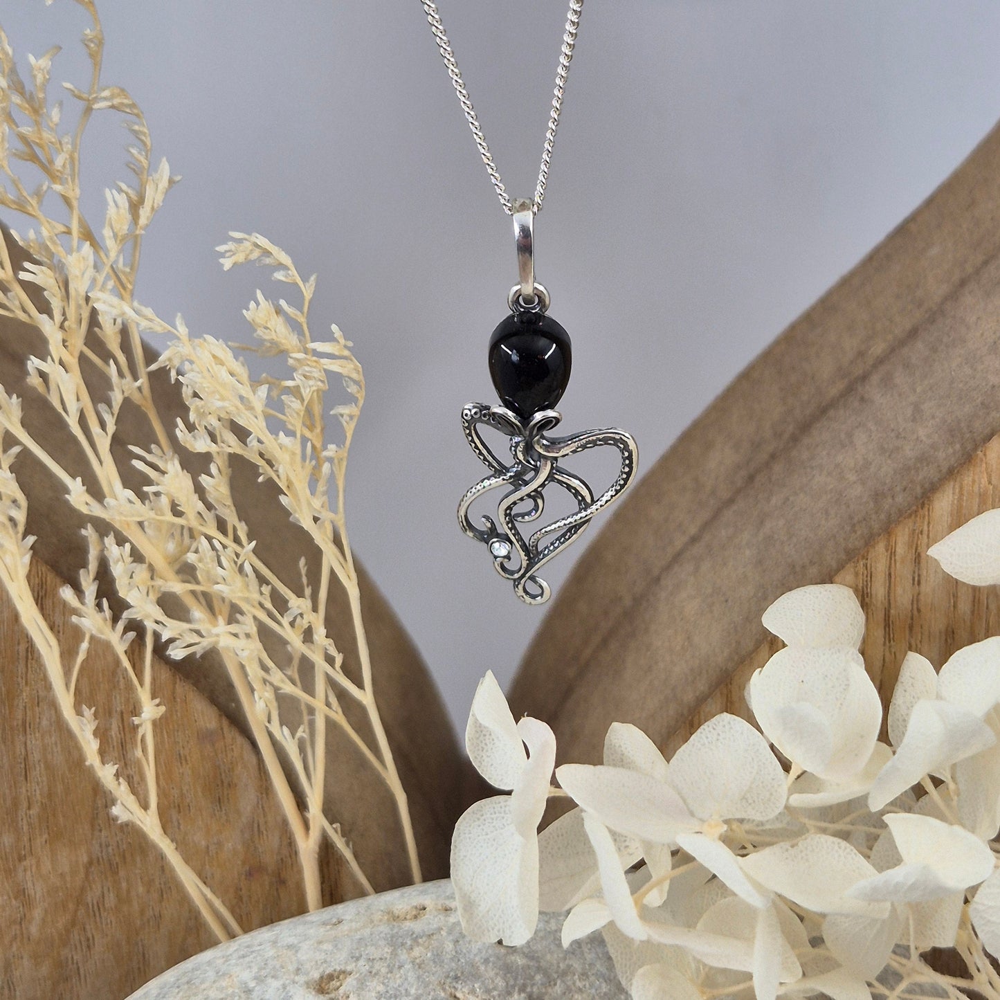 Whitby Jet Octopus Pendant - Sterling Silver Charm Necklace Jones Stones