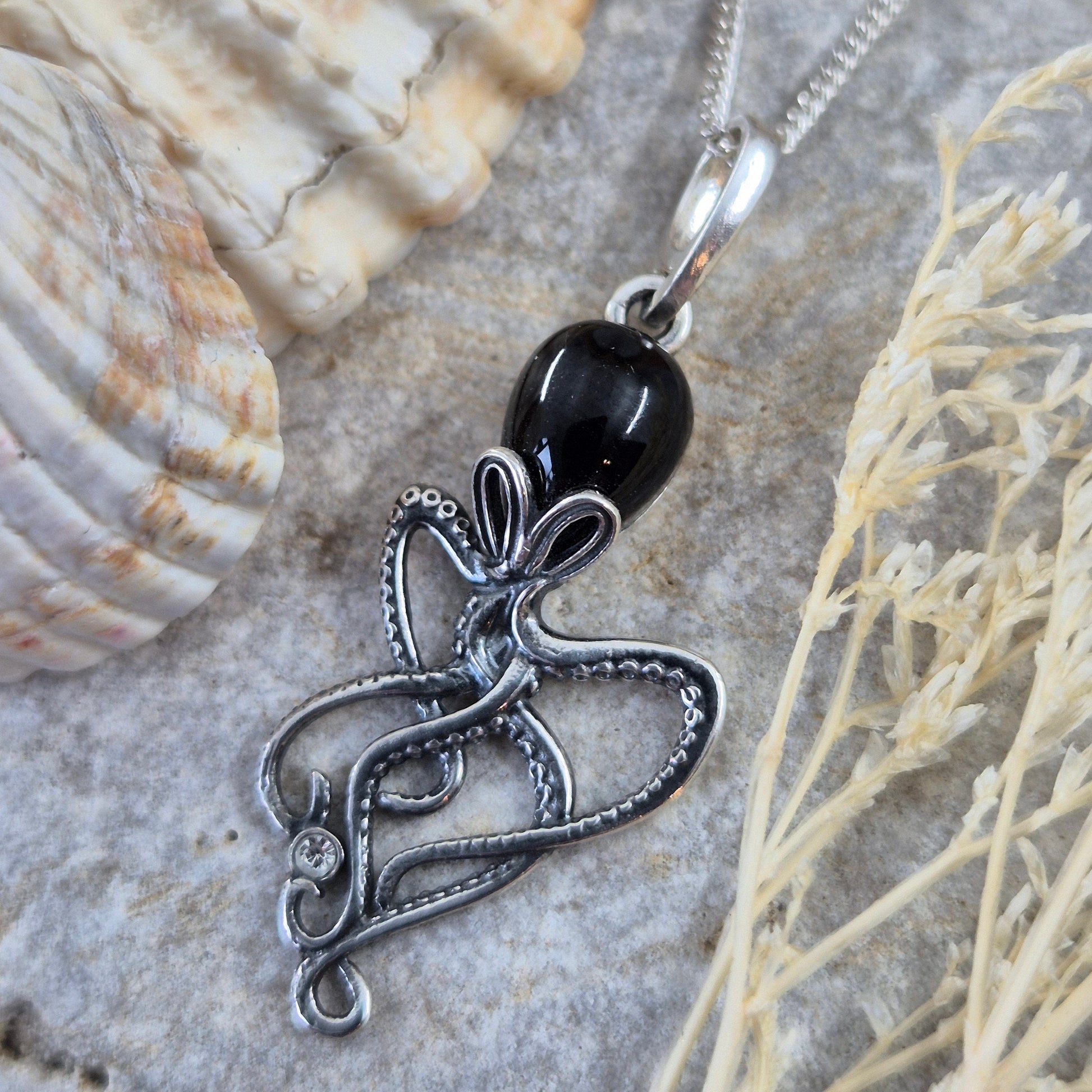Whitby Jet Octopus Pendant - Sterling Silver Charm Necklace Jones Stones