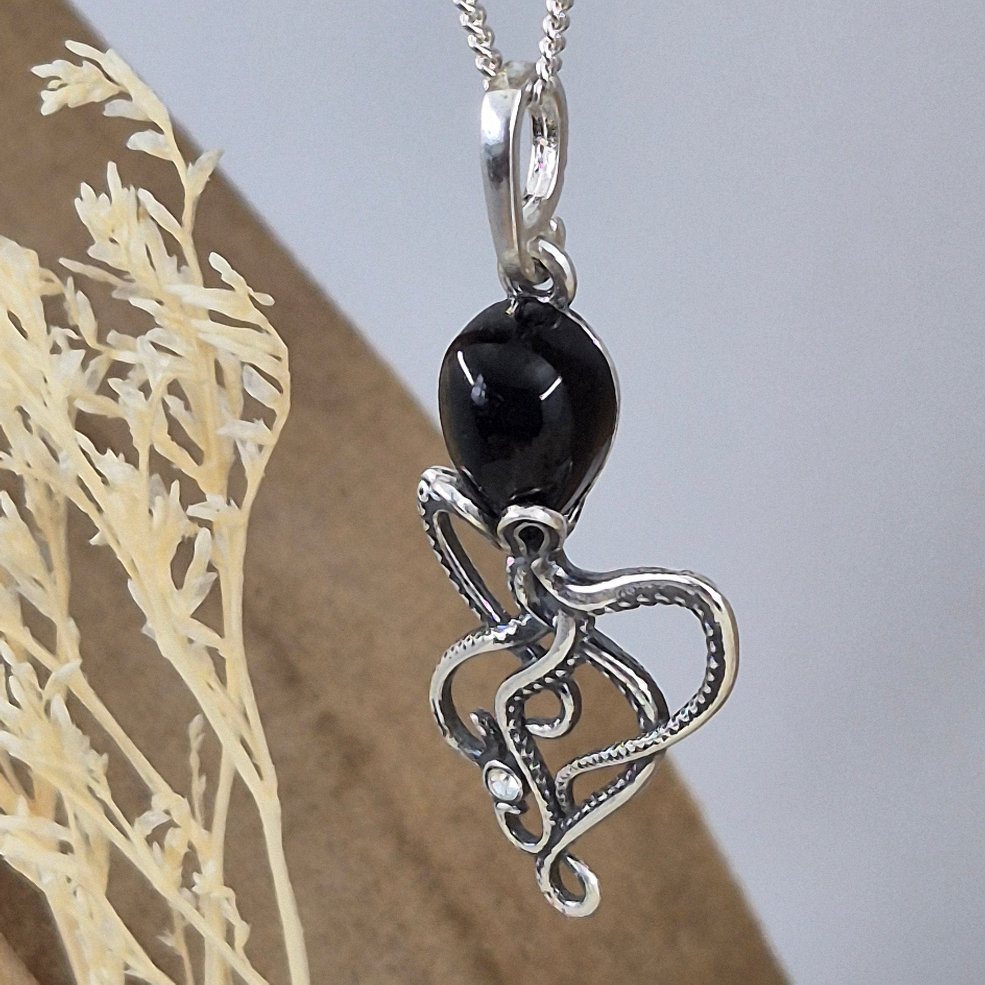Whitby Jet Octopus Pendant - Sterling Silver Charm Necklace Jones Stones