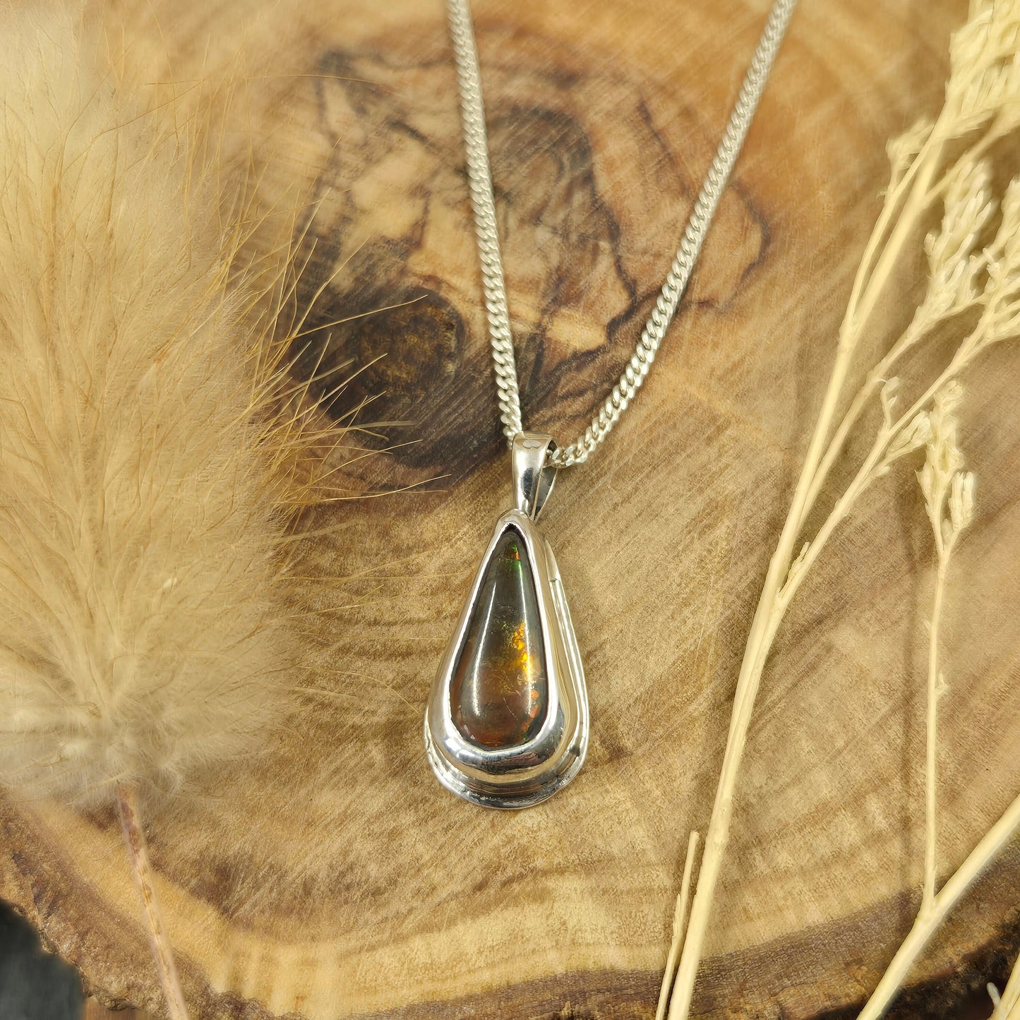 Canadian Ammolite Pendant: Handmade Sterling Silver Jewellery (22mm) Jones Stones