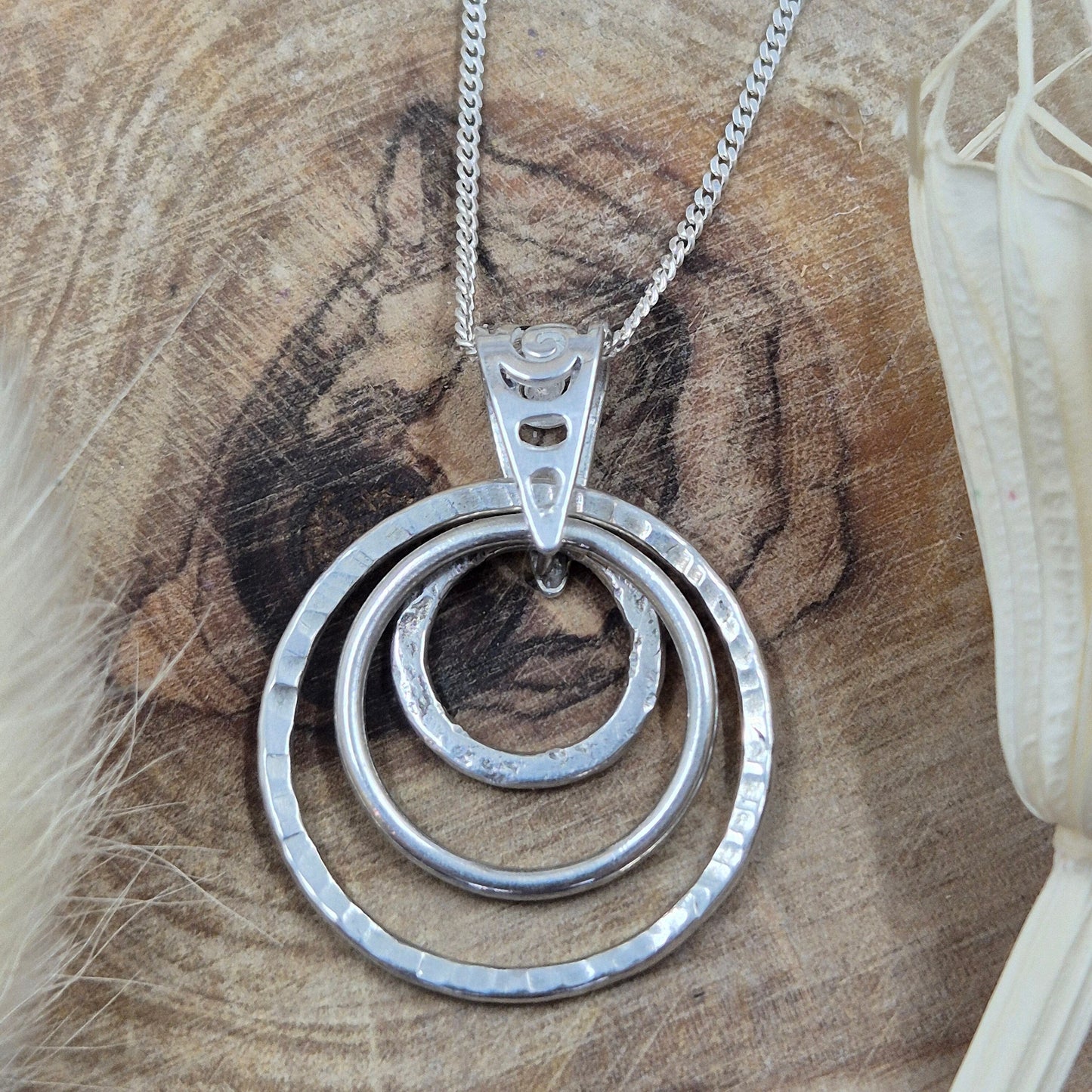 Handmade Sterling Silver Pendant Necklace: Textured Rings Charm Jones Stones