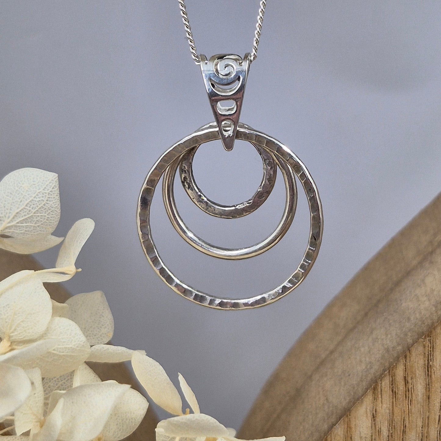 Handmade Sterling Silver Pendant Necklace: Textured Rings Charm Jones Stones