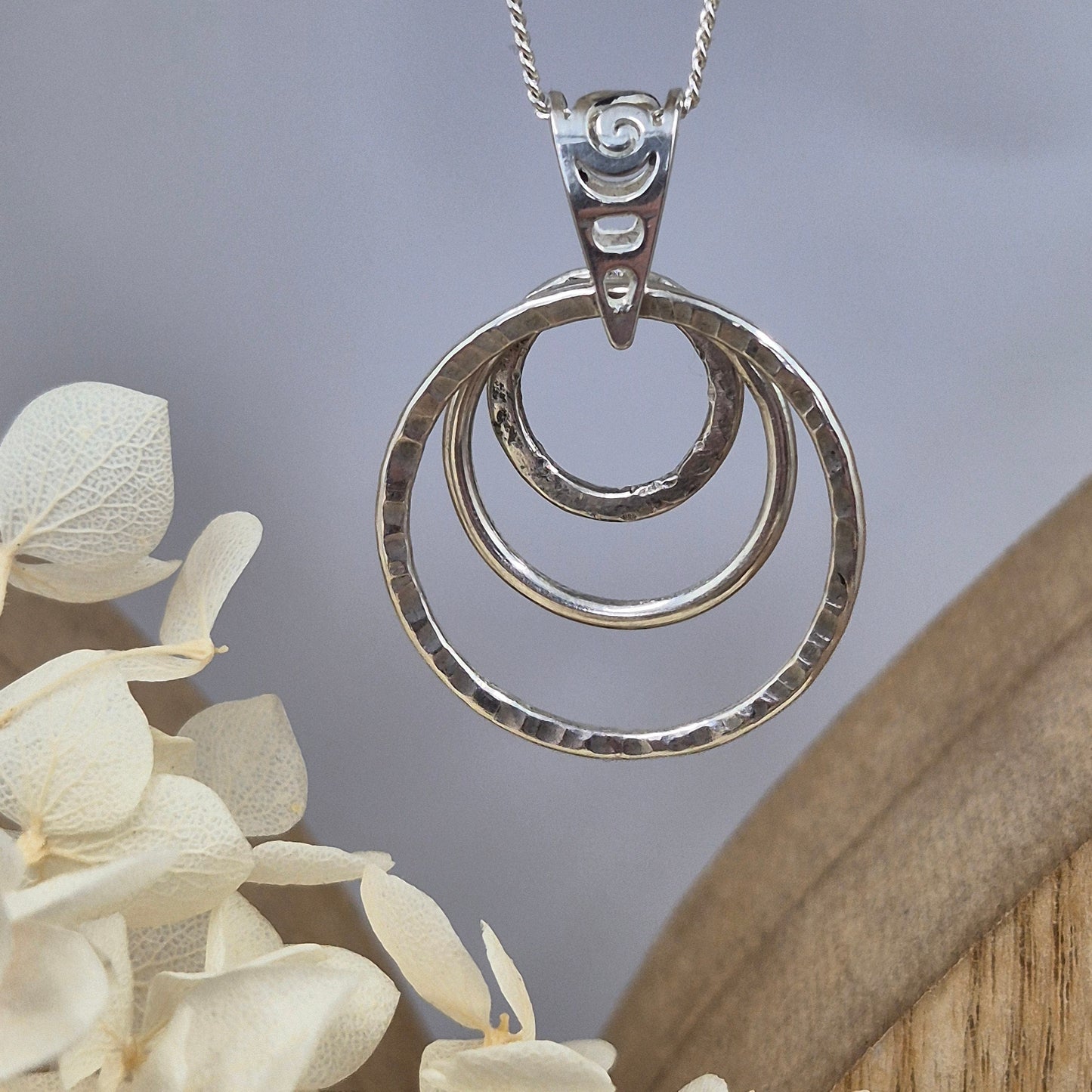 Handmade Sterling Silver Pendant Necklace: Textured Rings Charm Jones Stones