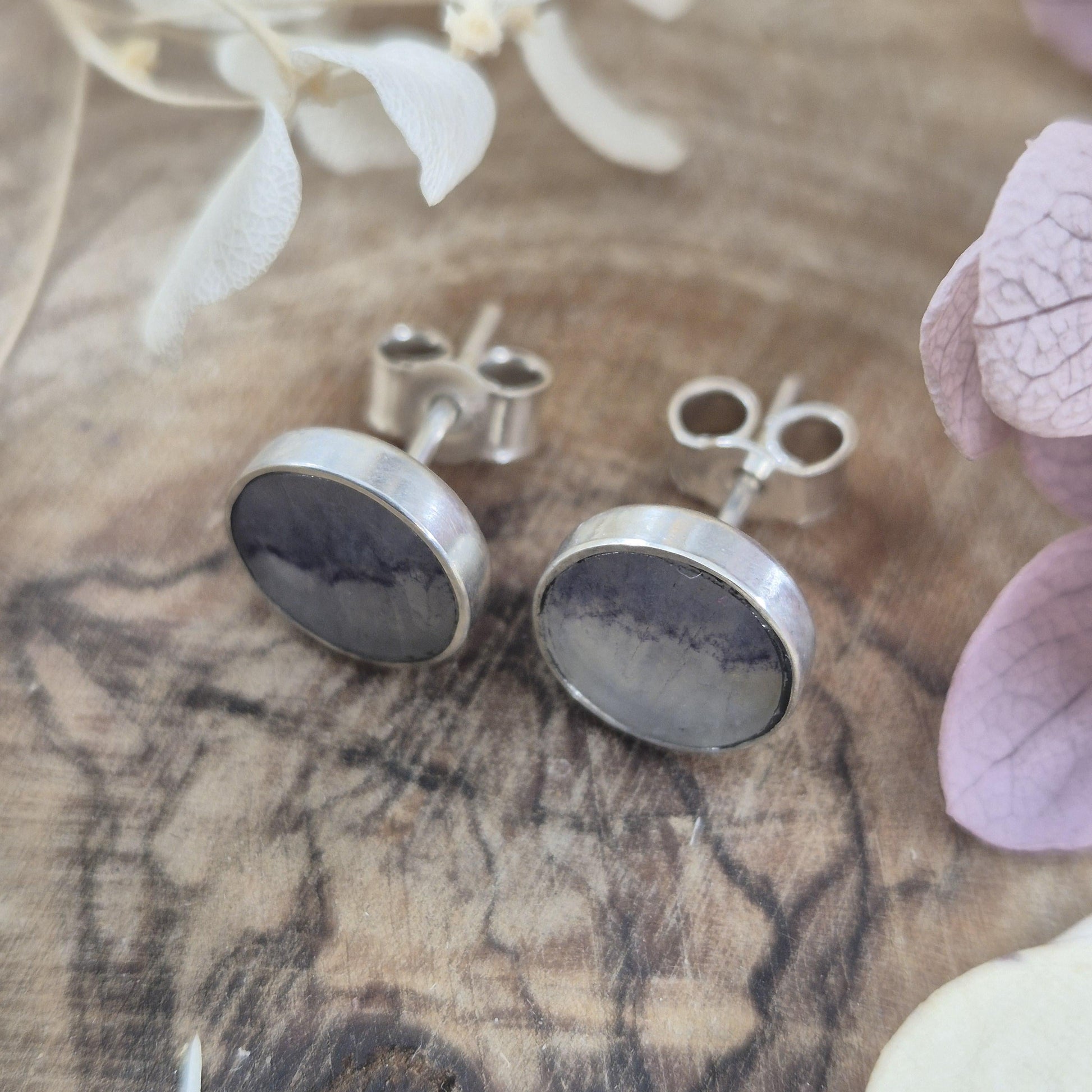 Blue John Stud Earrings | Sterling Silver, Derbyshire Spar Jones Stones